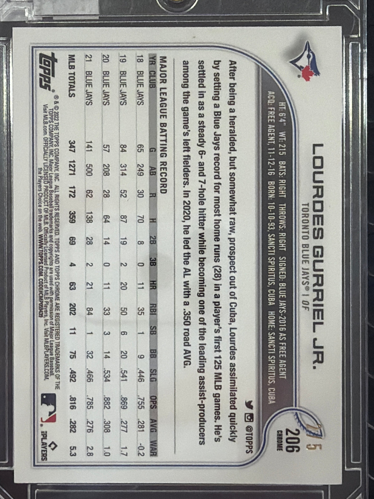 2022 Topps Chrome Lourdes Gurriel Jr. #206 Red Wave Refractor /5