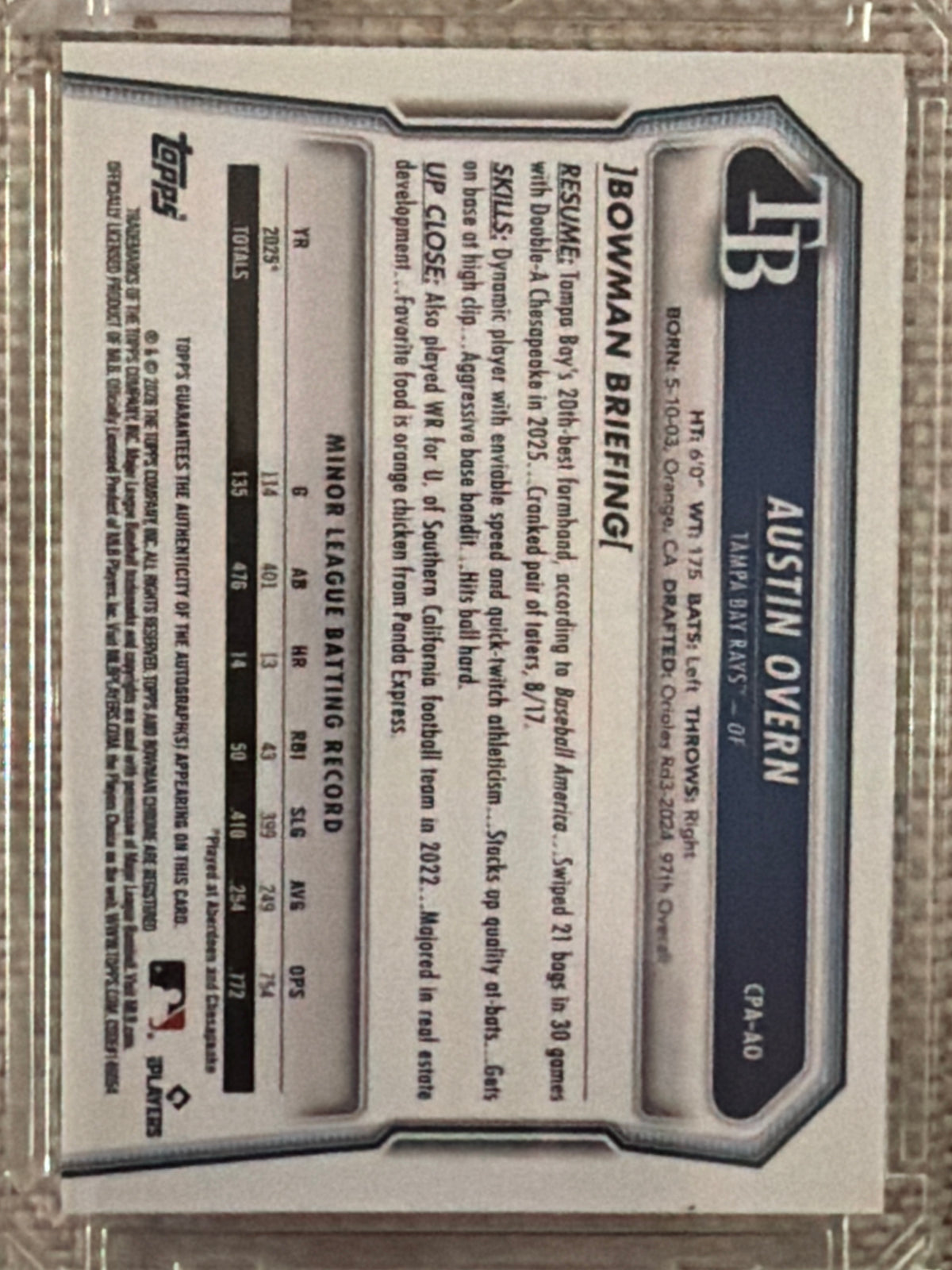 2026 Bowman Chrome Austin Overn #CPA-AO Speckle Refractor 262/2980