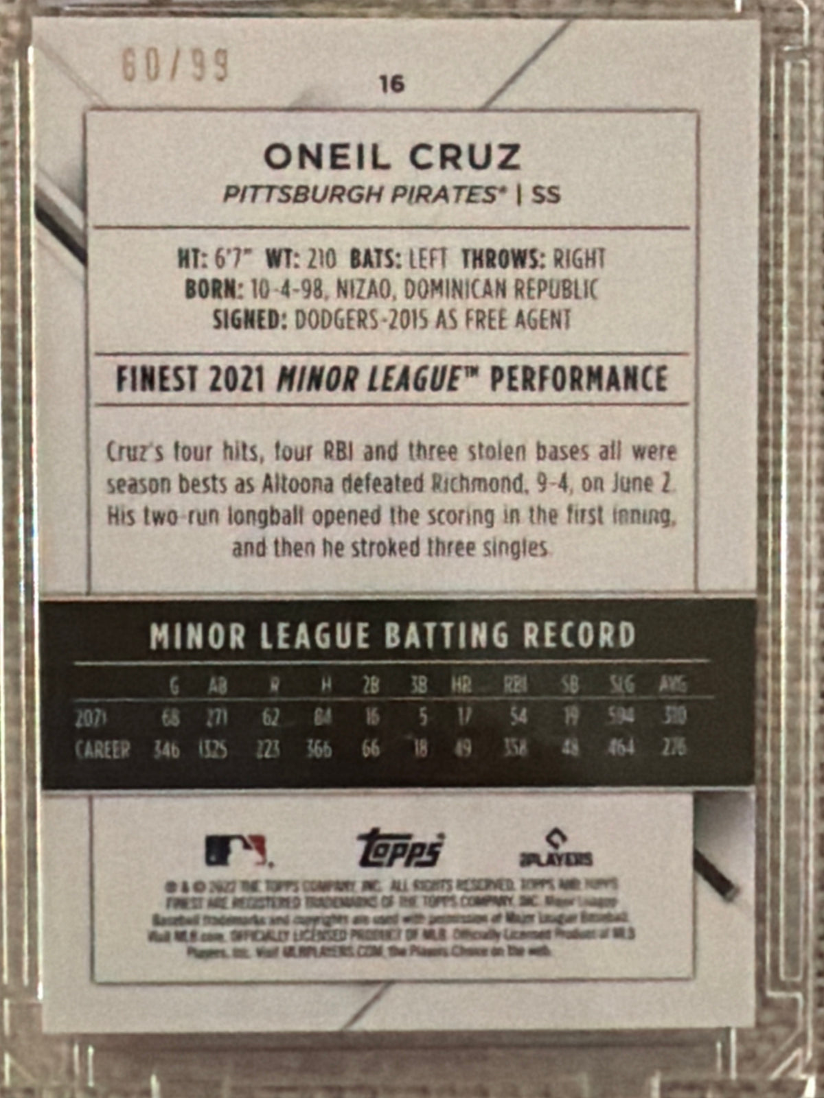 2022 Topps Finest Oneil Cruz #16 Green Refractor /99 RC