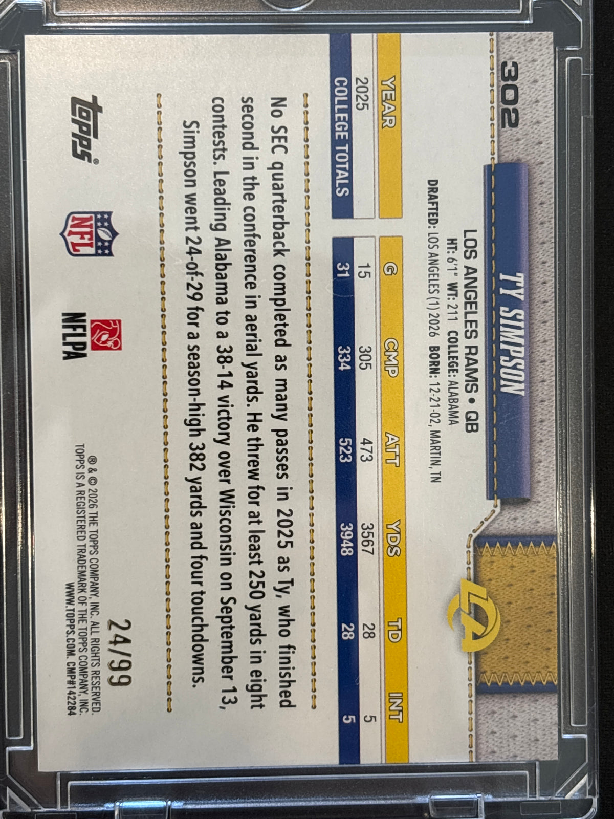 2026 Topps Ty Simpson #302 Green /99 RC