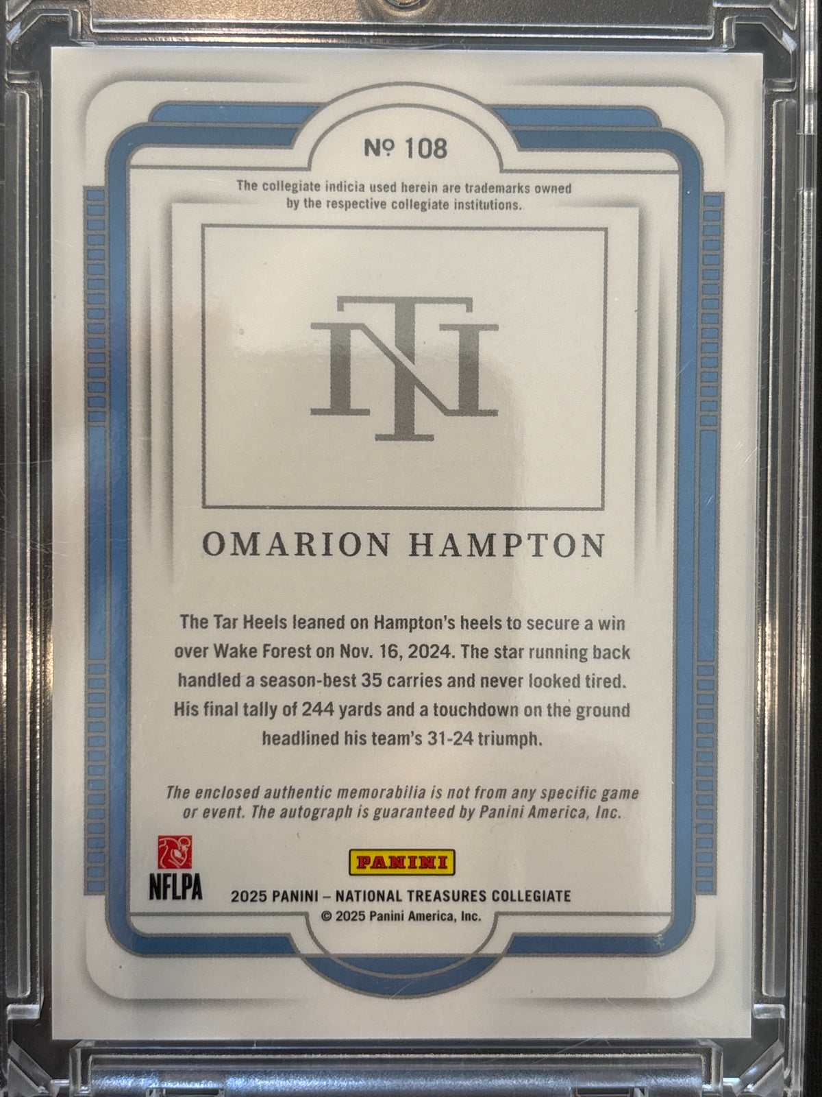 2025 Panini National Treasures Collegiate Omarion Hampton #108 RC