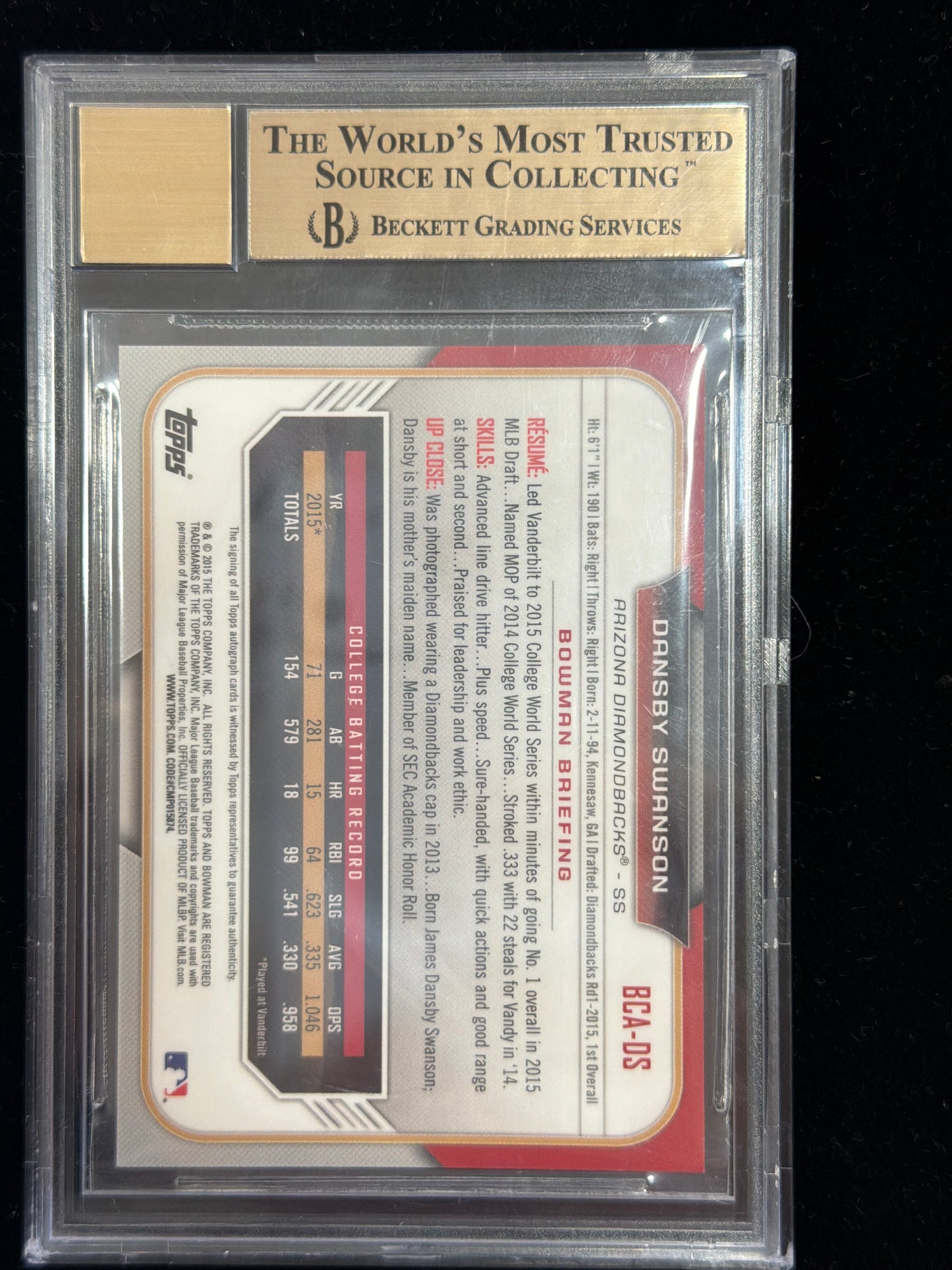 2015 Bowman Chrome Draft  Autographs Refractors Dansby Swanson #BCADS BGS 9.5
