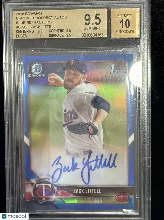 2018 Bowman Chrome Autographs Blue Refractors Zack Littell #CPAZL BGS 9.5