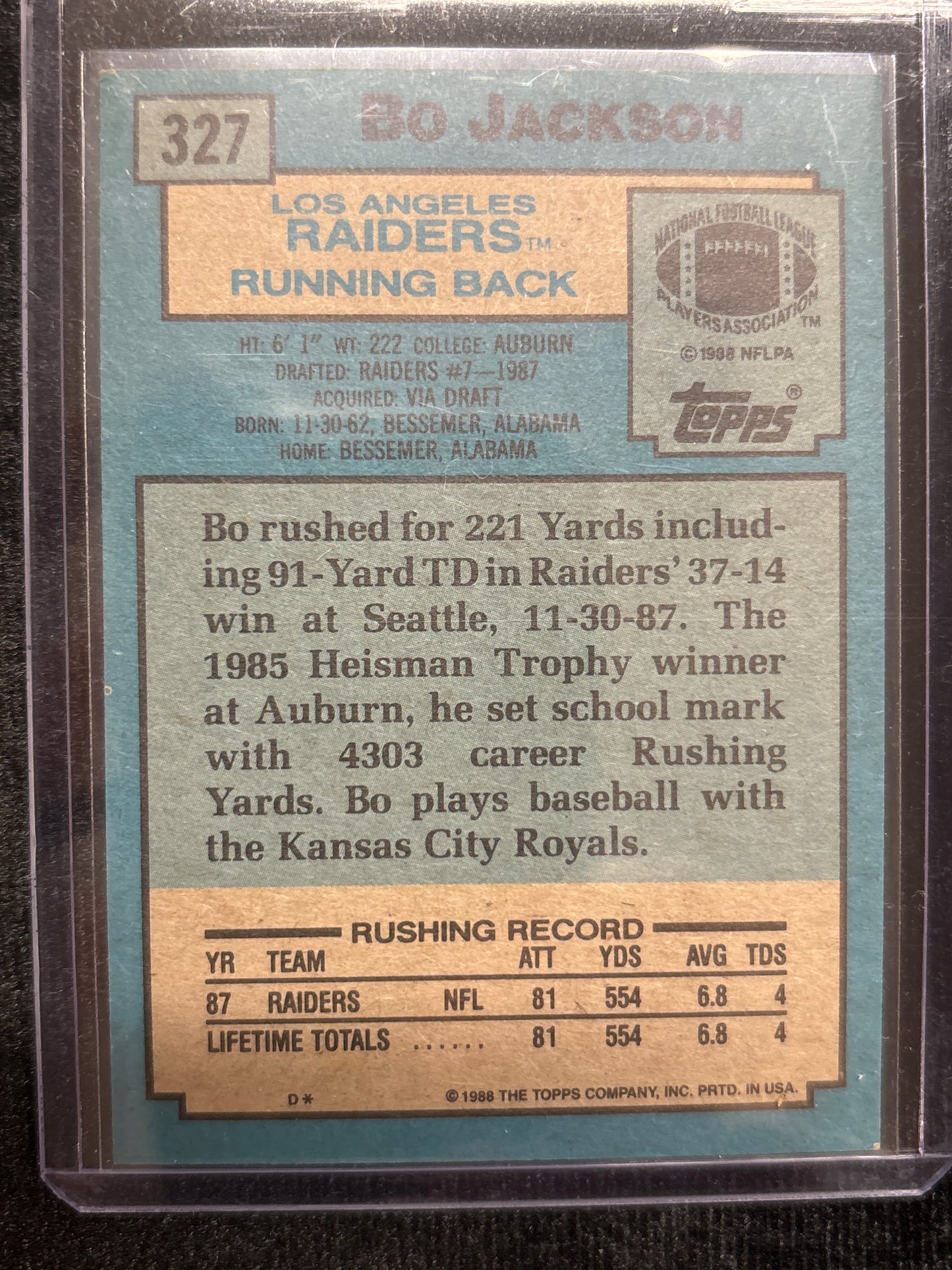 1988 Topps Super Rookie Bo Jackson #327 Rookie HOF