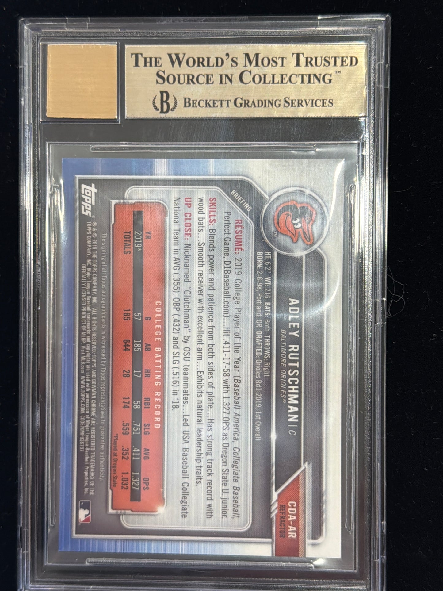 2019 Bowman Chrome Draft Autographs Refractors Adley Rutschman #CDAAR BGS 9.5