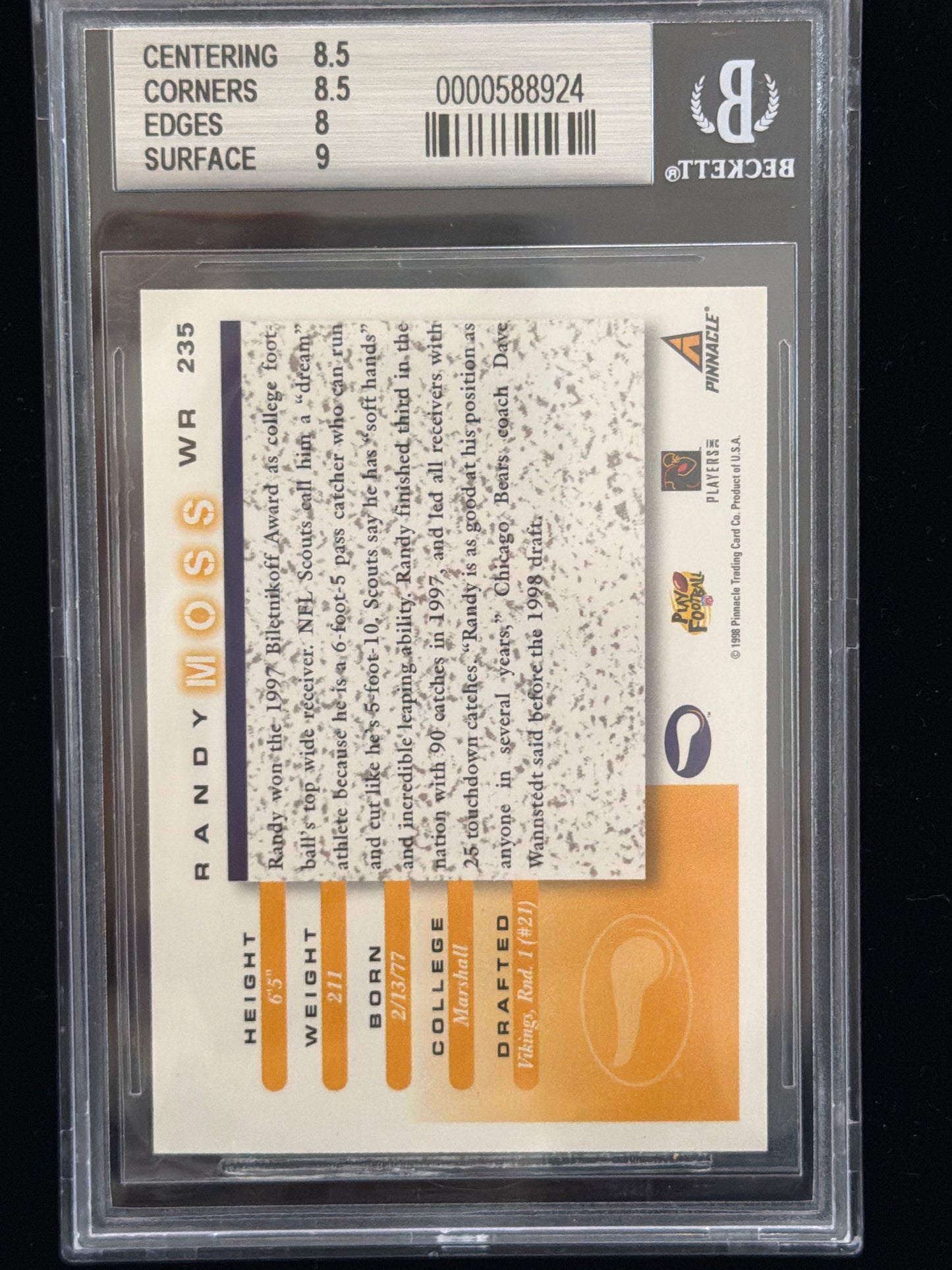 1998 Score Randy Moss #235 BGS 8.5