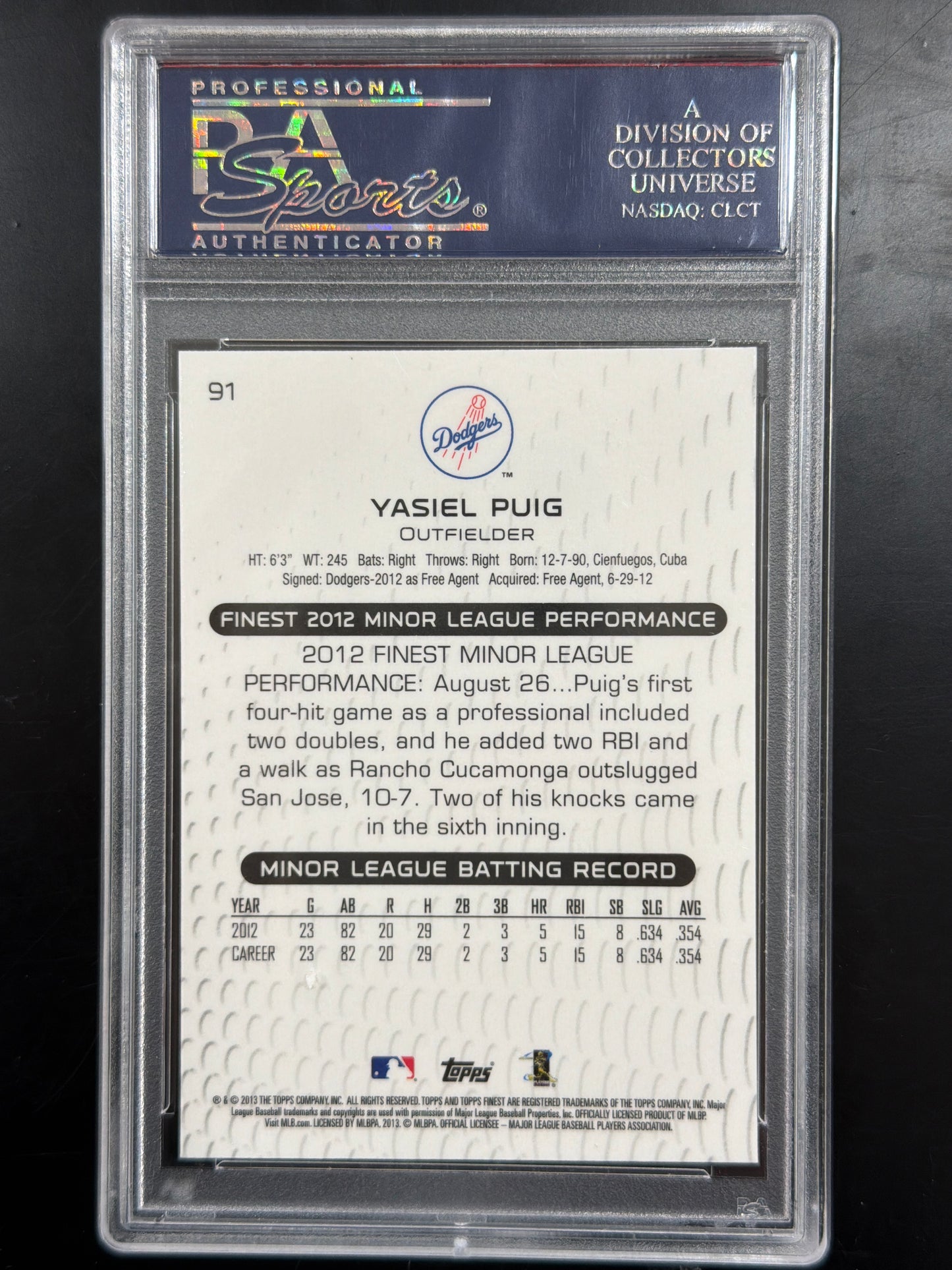 2013 Finest Yasiel Puig #91 PSA 10