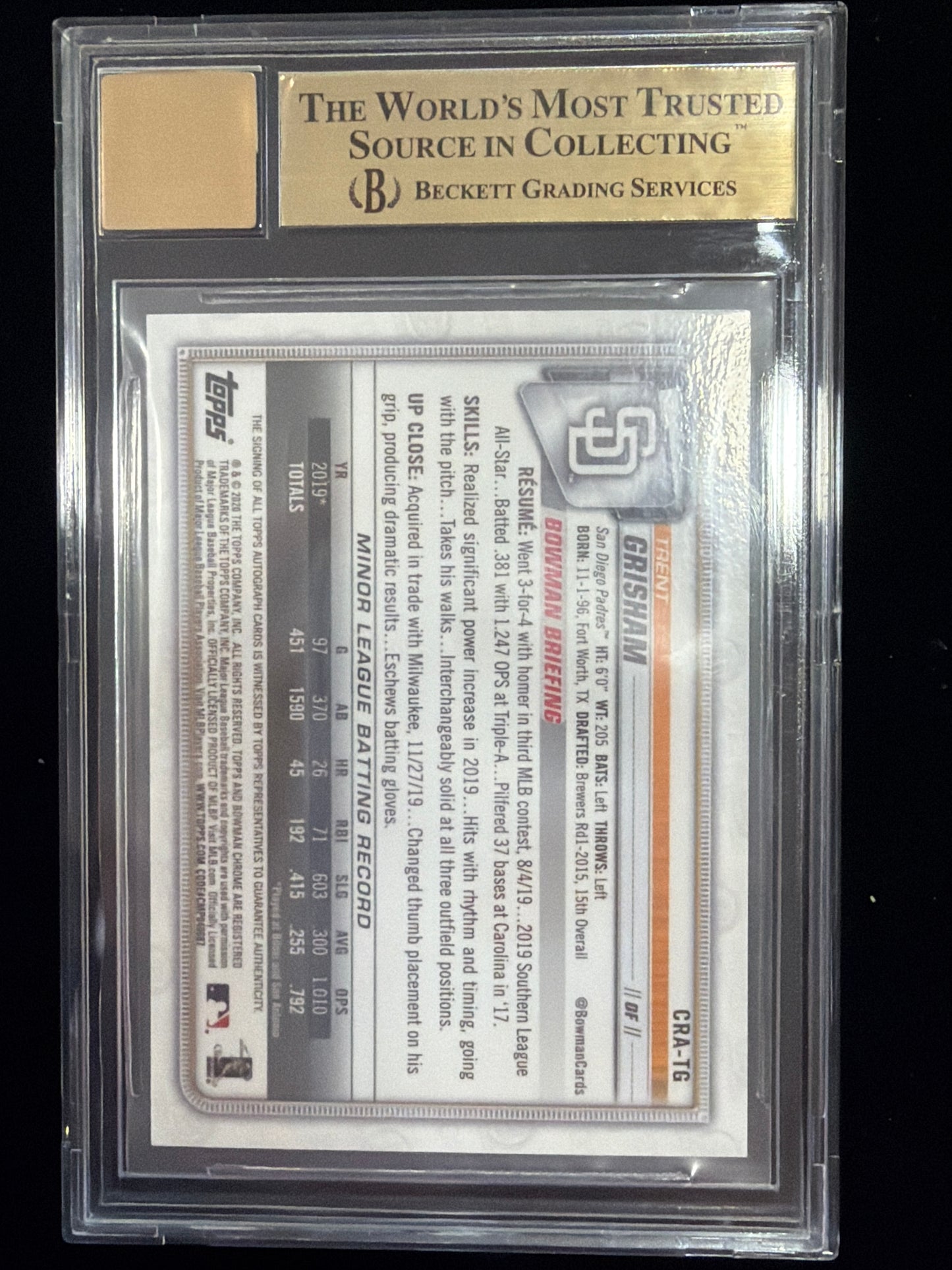 2020 Bowman Chrome Autographs Gold Refractors Trent Grisham #CRATG BGS 9.5