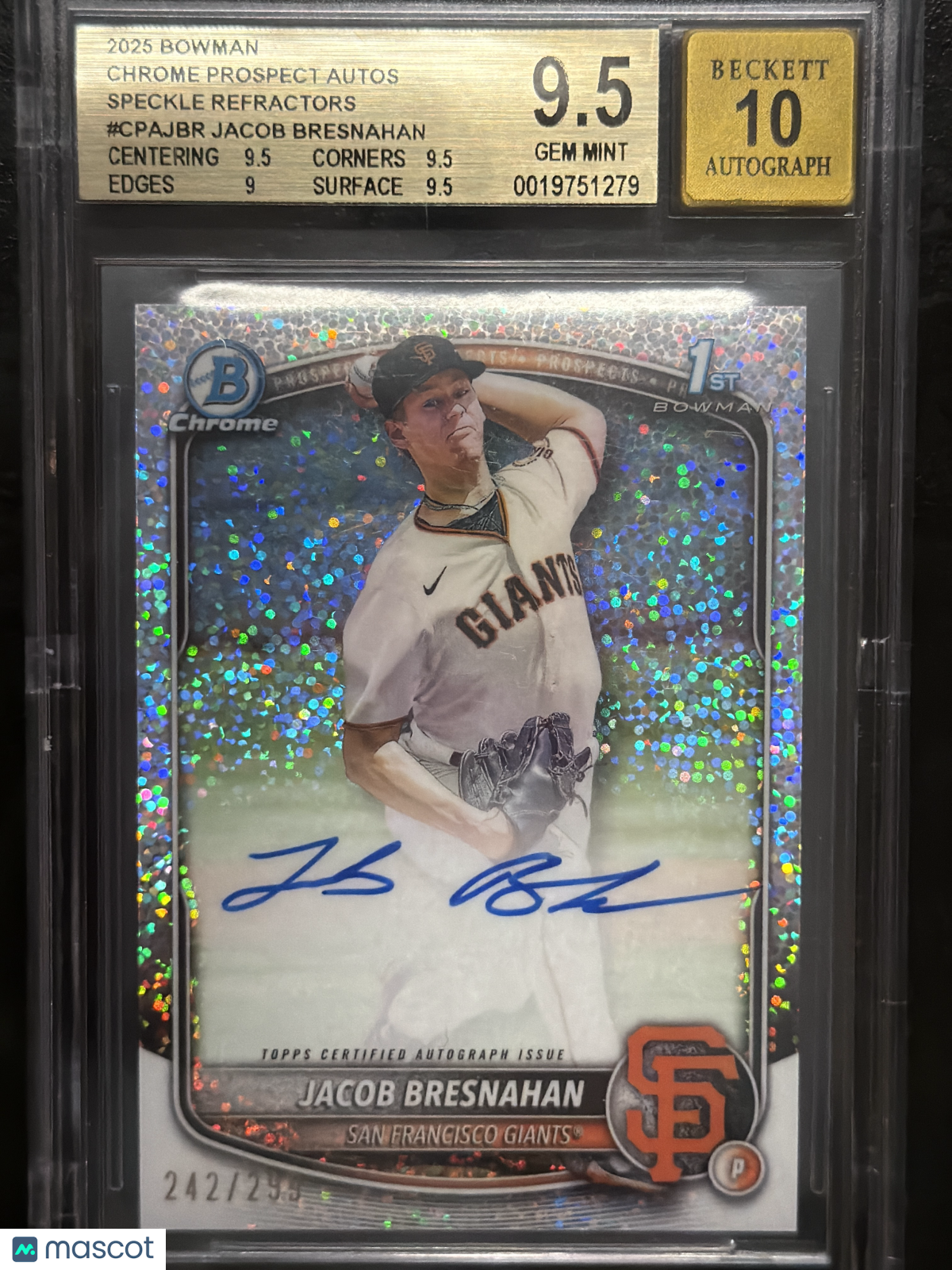 2025 Bowman  Speckle Refractors Jacob Bresnahan #CPAJBR /299 BGS 9.5 Auto 10