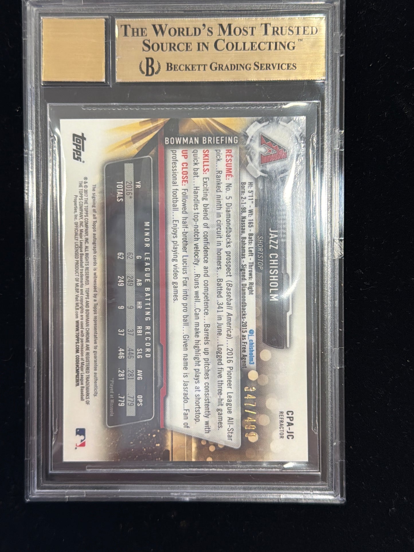 2017 Bowman Chrome Prospect Autographs Refractors Jazz Chisholm #CPAJC BGS 9.5