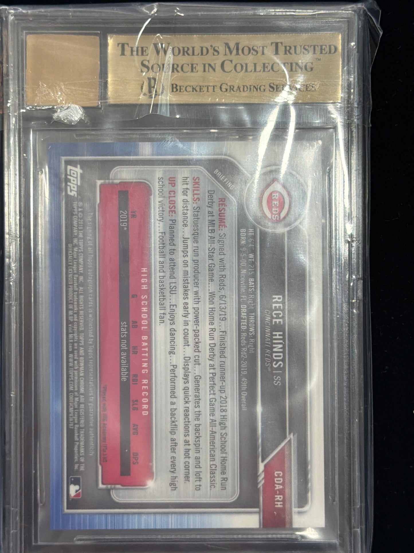 2019 Bowman Chrome Draft Autographs Rece Hinds #CDARH BGS 9.5