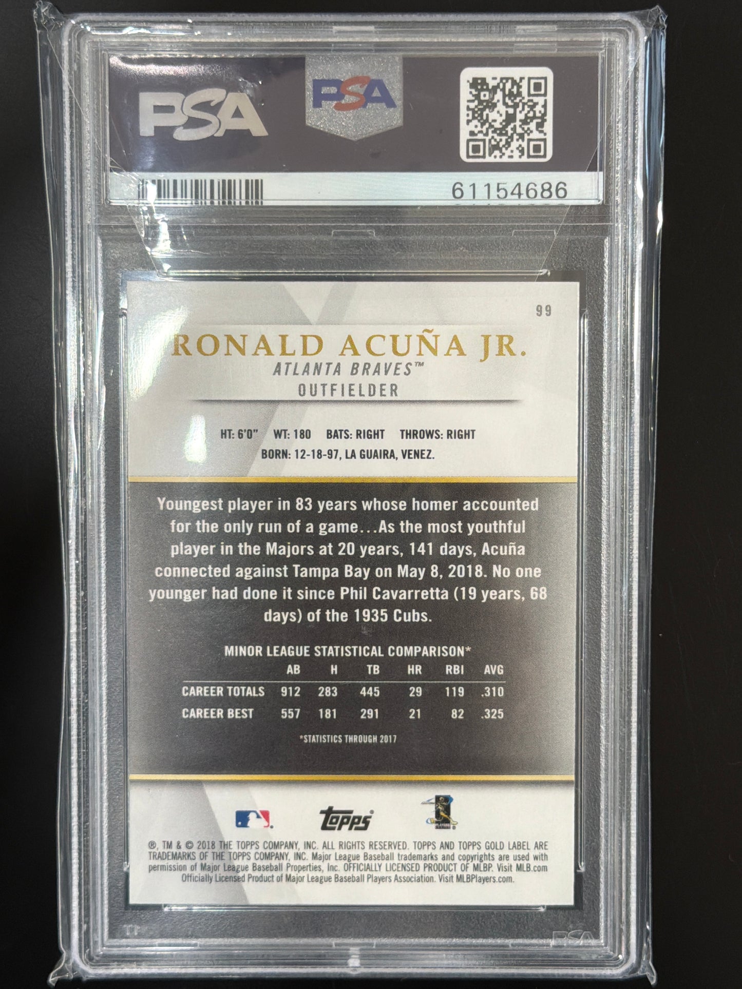 2018 Topps Gold Label Ronald Acuna JR. #99 Class 1 PSA 10