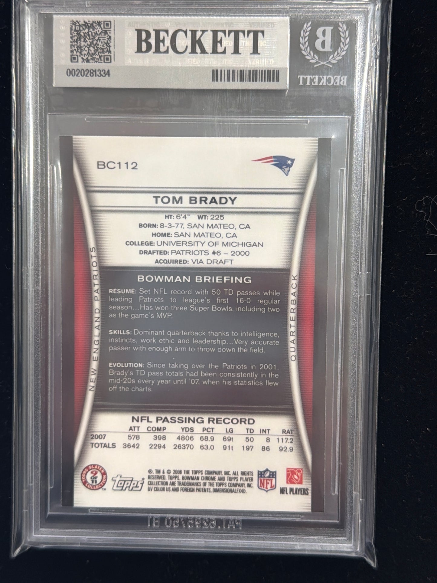 2008 Bowman Chrome Tom Brady #BC112 BGS 9