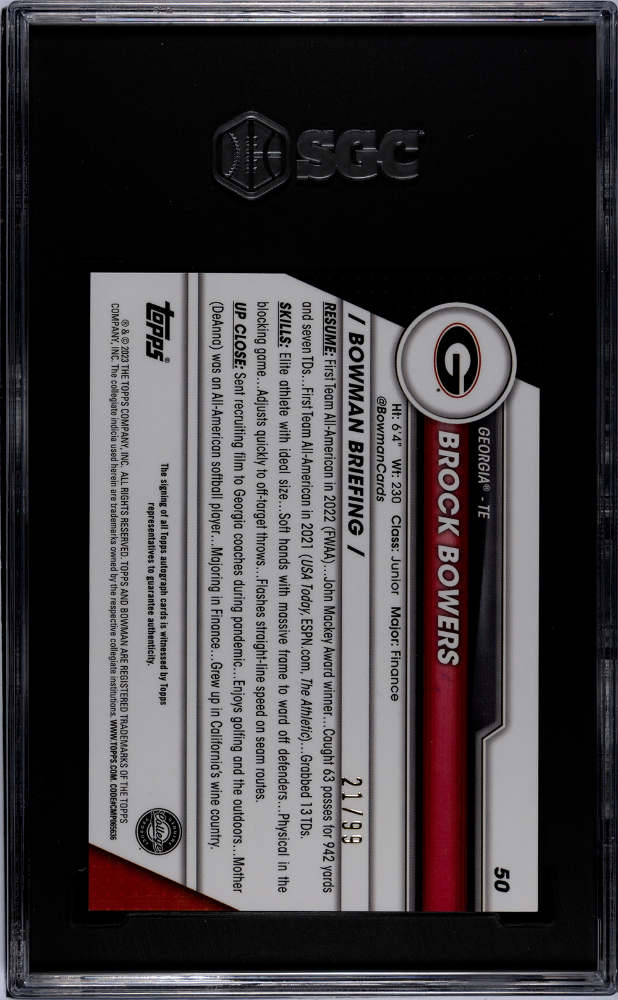 2023 Bowman Chrome Brock Bowers #50 Autograph Green Refractor /99 SGC 10 Auto 10