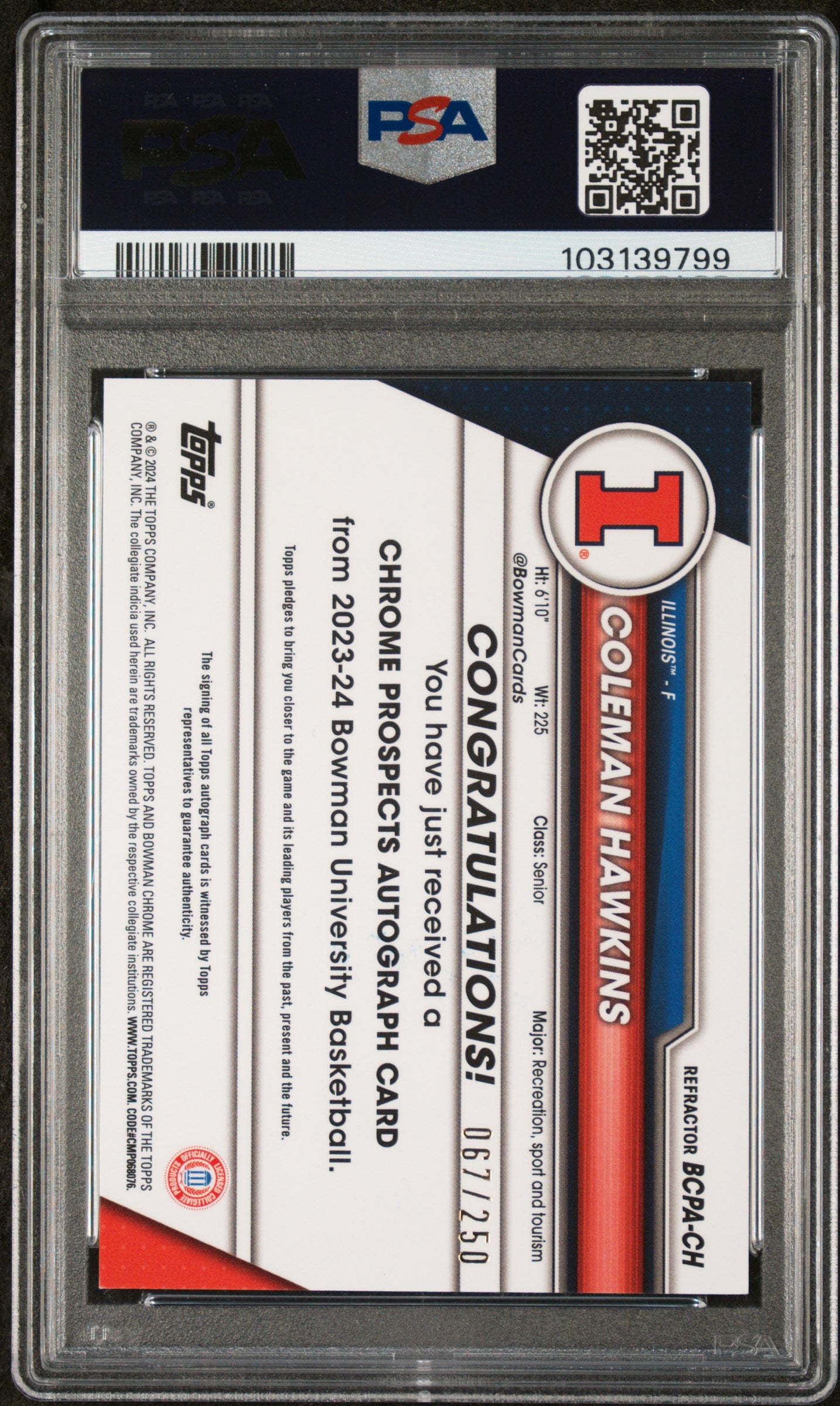 2023 Bowman  Chrome Prospects Autographs Coleman Hawkins #CH Refractor PSA 9