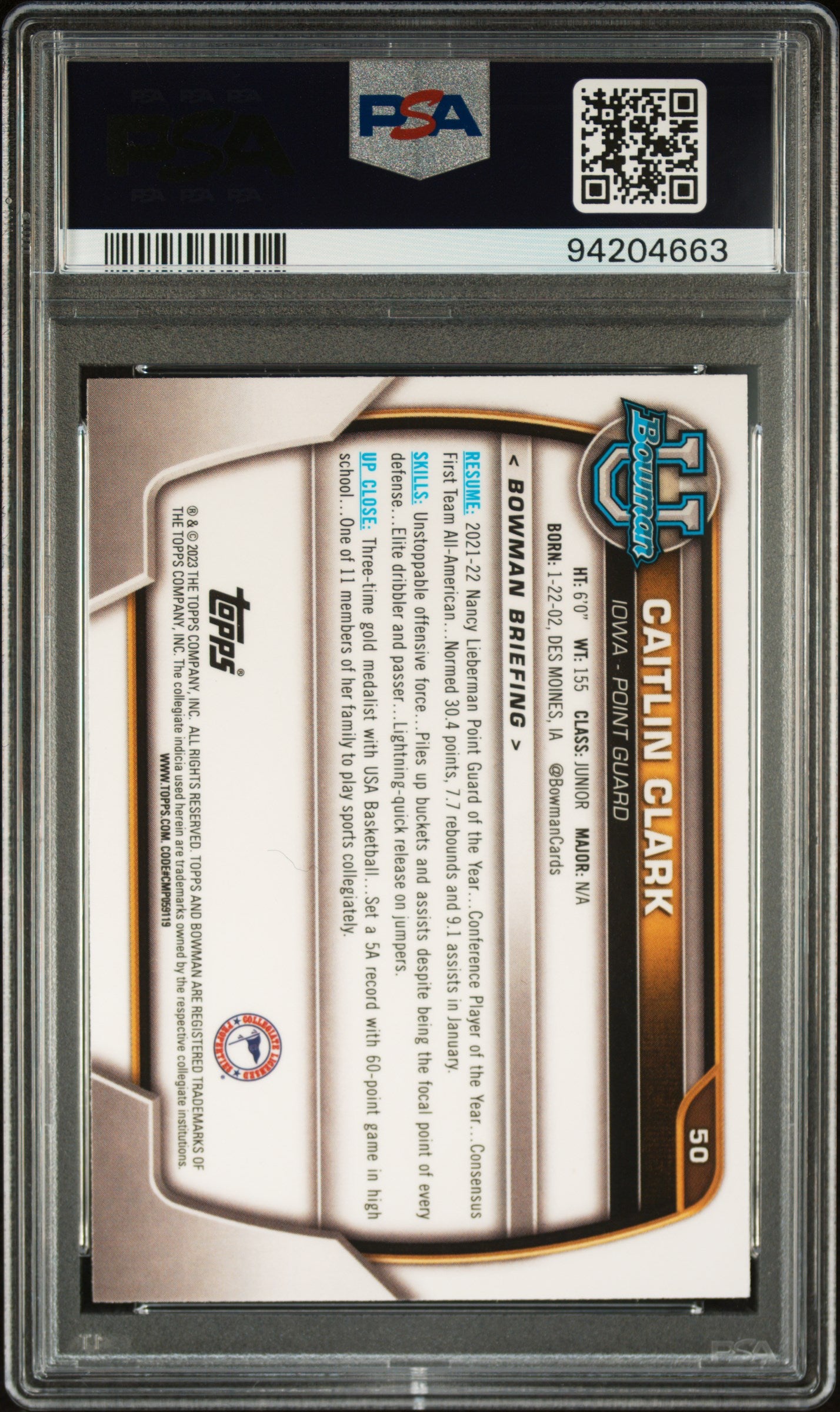 2022 Bowman Chrome University Caitlin Clark #50 PSA 10