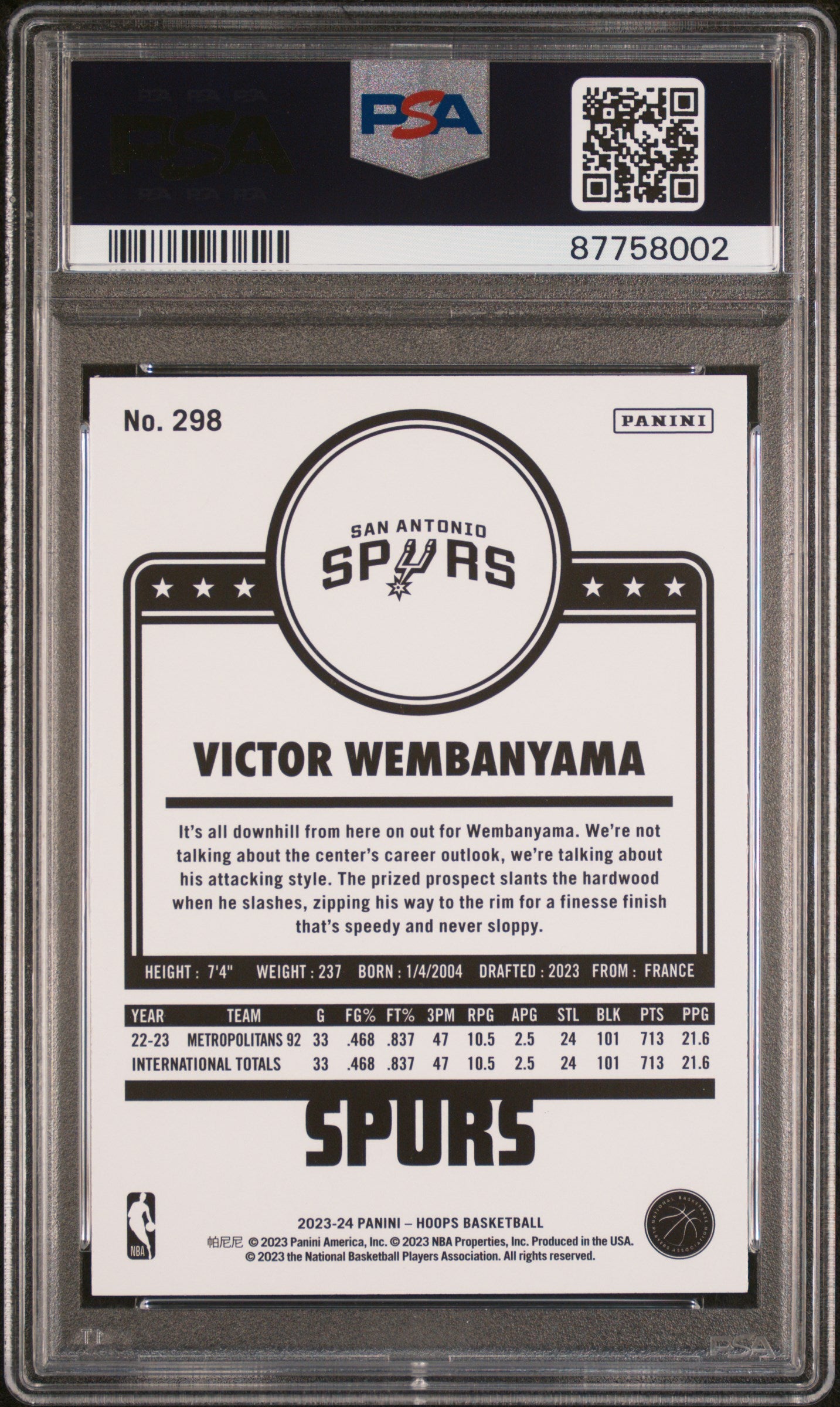 2023 Panini NBA Hoops Victor Wembanyama #298 Winter PSA 10