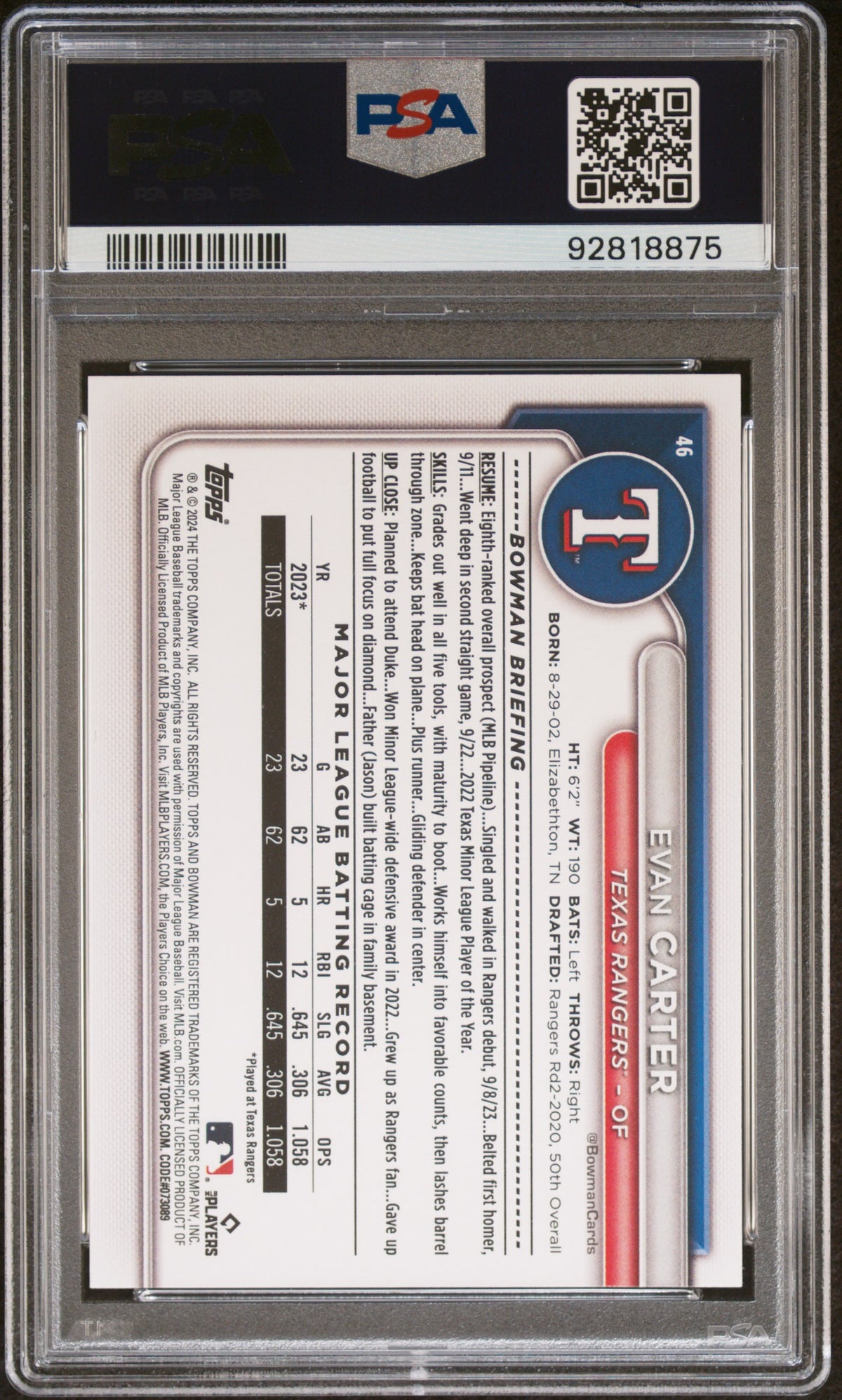 2024 Bowman Evan Carter #46 PSA 10