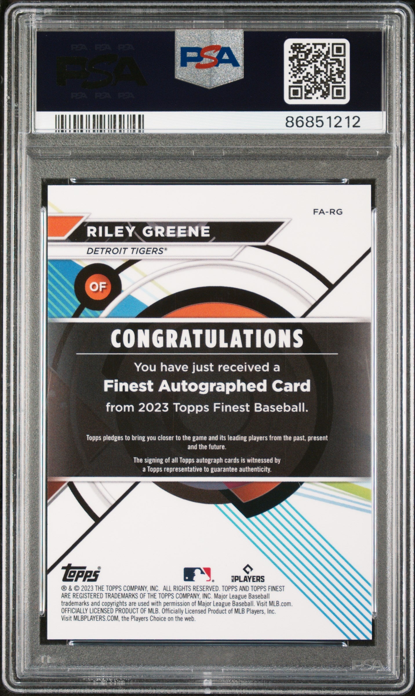 2023 Topps Finest Finest Autographs Riley Greene #RG Orange Wave /25 PSA 9