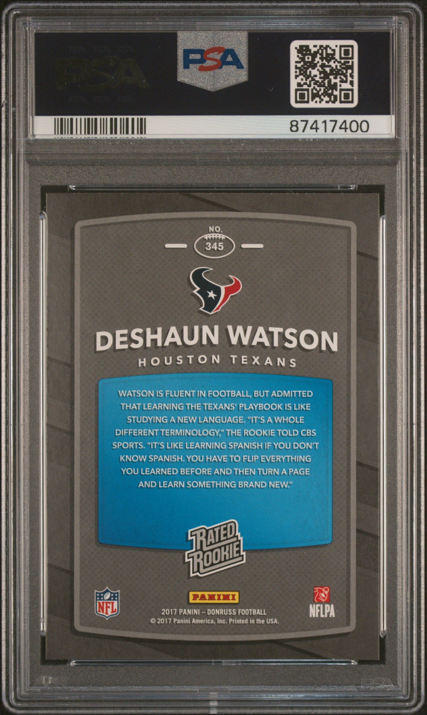 2017 Panini Donruss Deshaun Watson #345 PSA 10