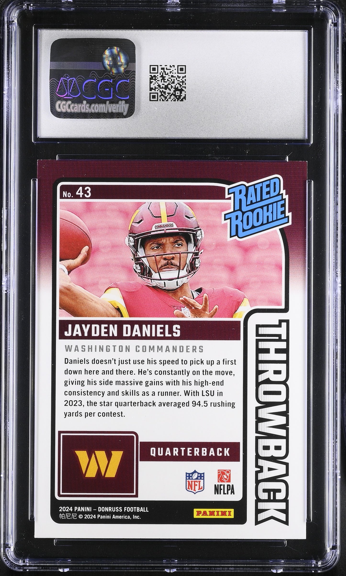 2024 Donruss Jayden Daniels #43 Rated Rookies Throwback CGC 10