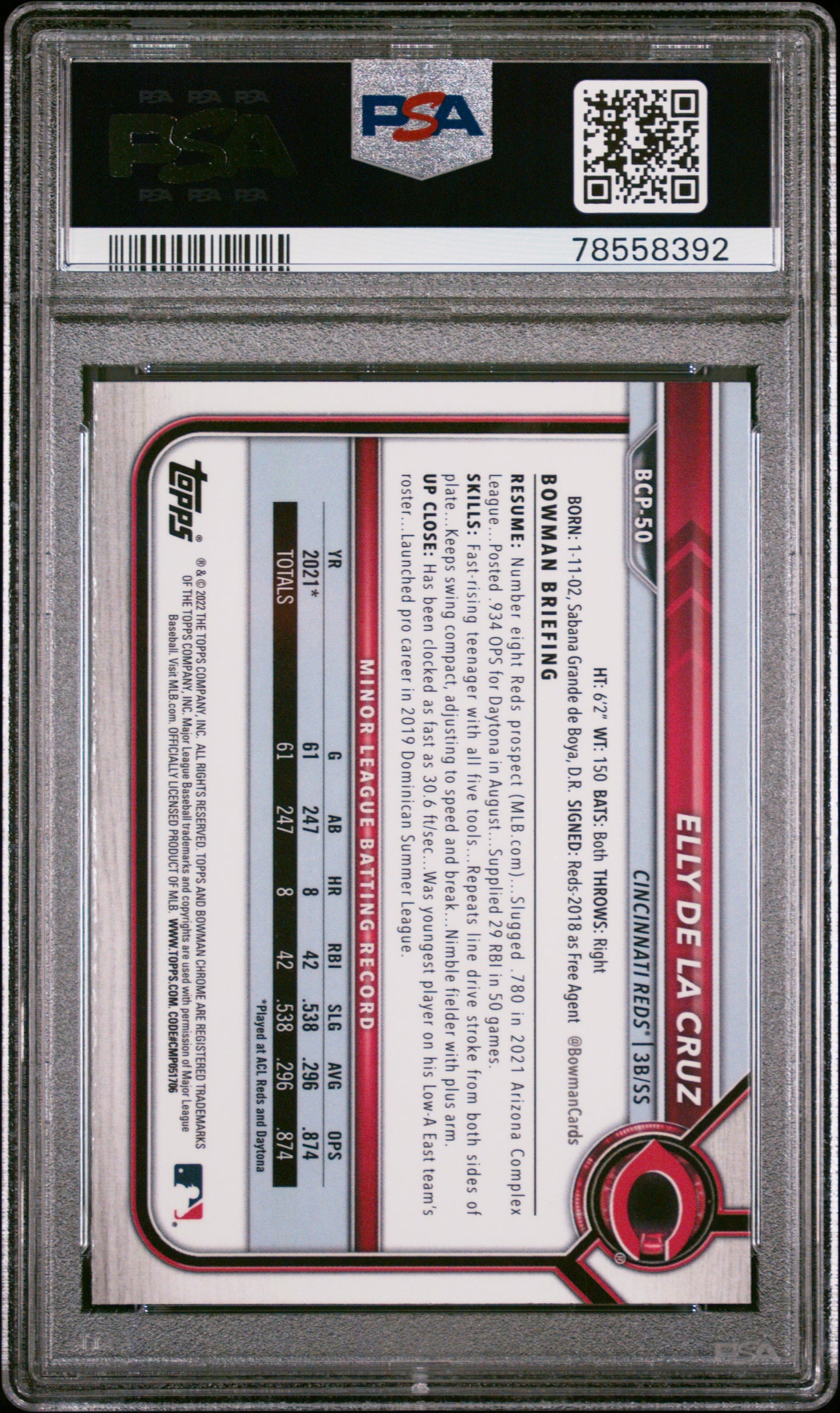 2022 Bowman Chrome Prospects Elly De La Cruz #BCP50 PSA 10