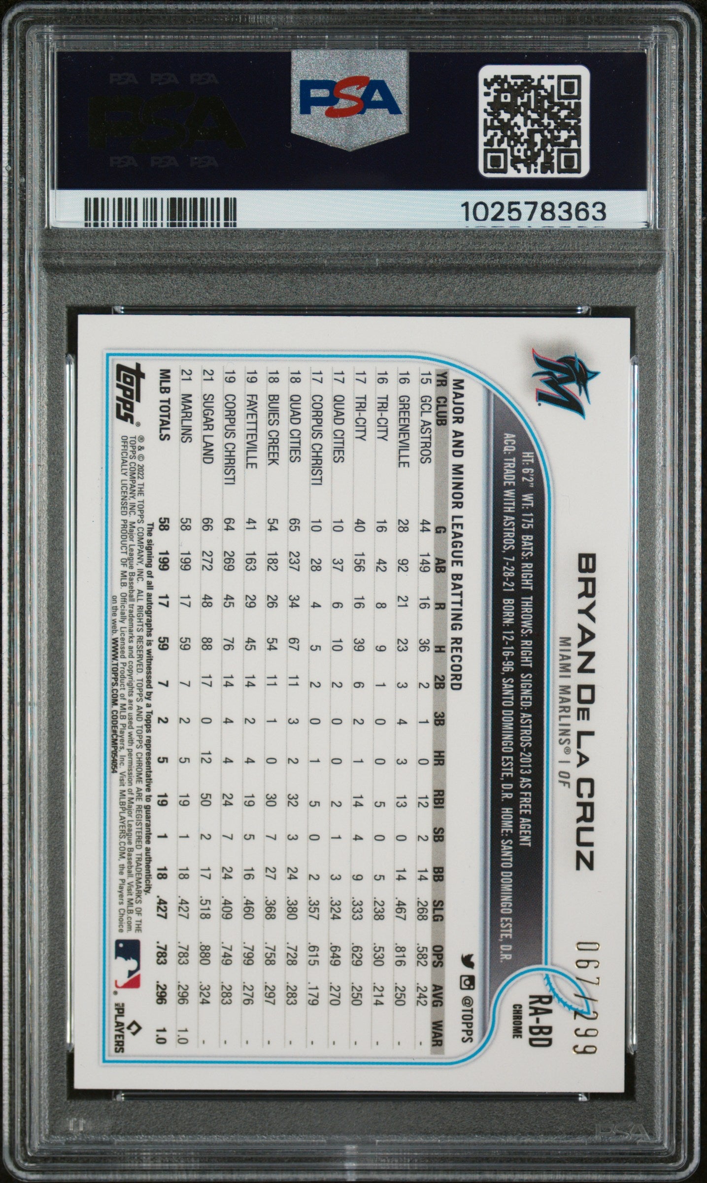 2022 Topps Ch Auto Bryan De La Cruz #RABD RK. Au Purple Speckle Refractor PSA 10