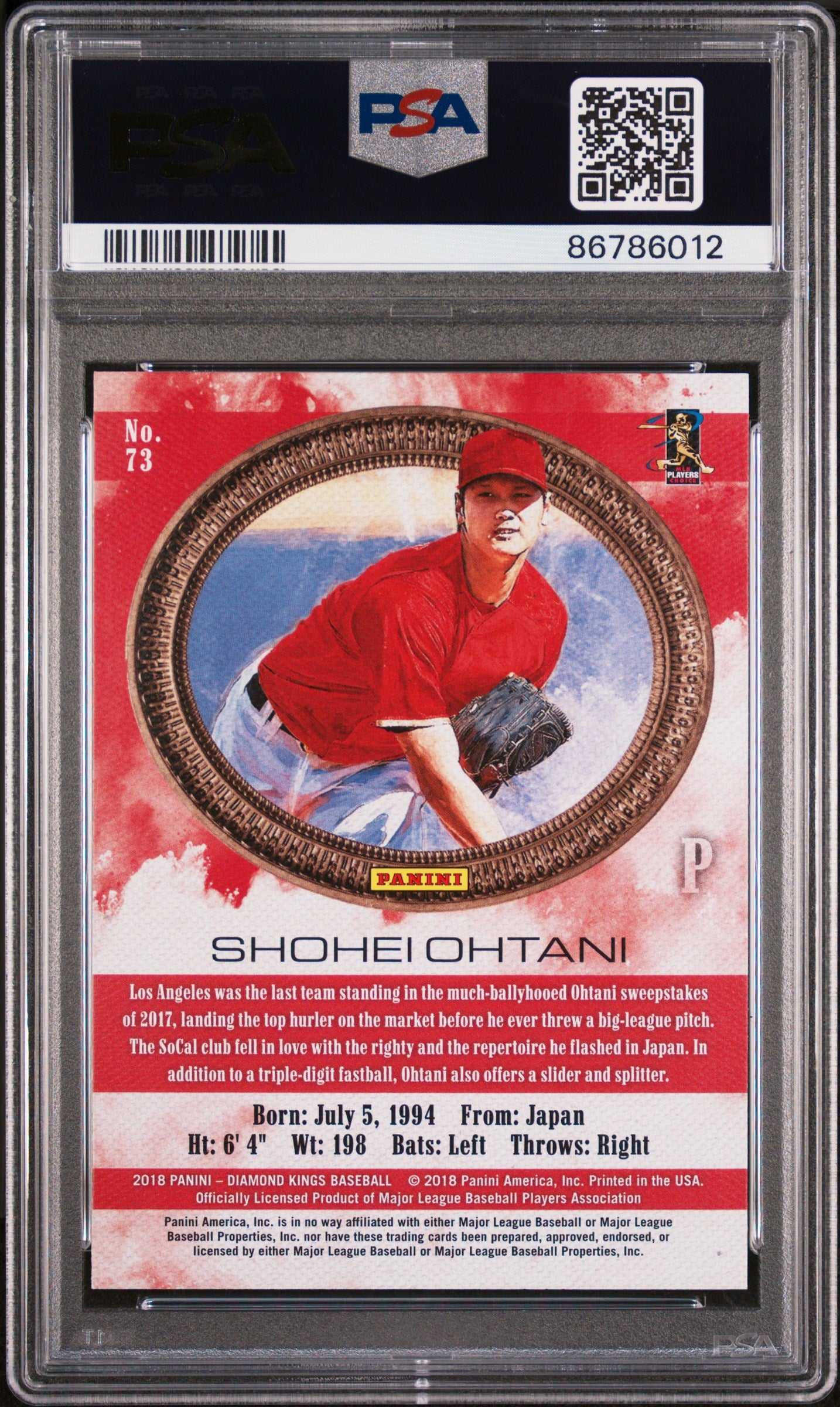 2018 Panini Diamond Kings Shohei Ohtani #73 Pitching No Pinstripe PSA 10