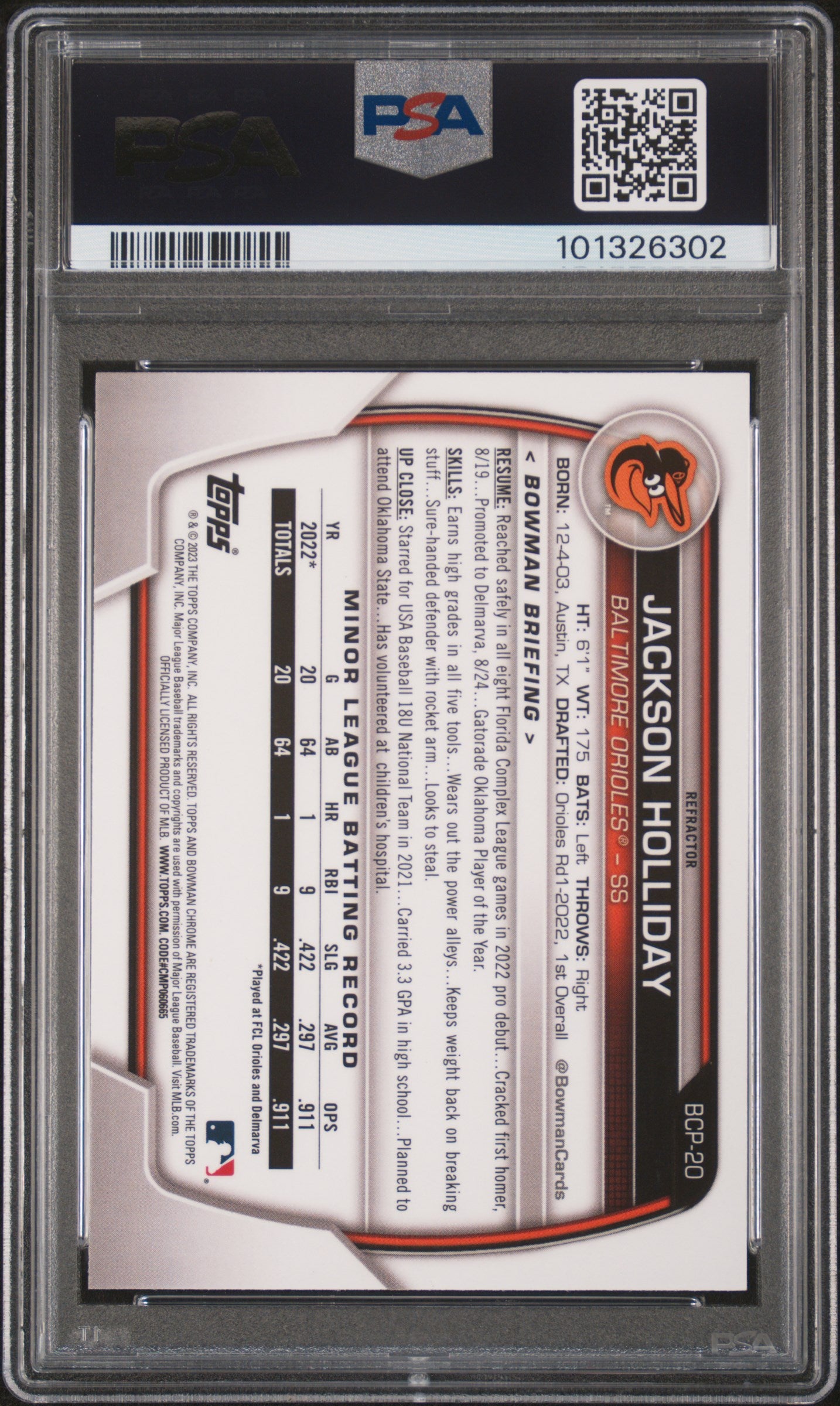 2023 Bowman Chrome Jackson Holliday #BCP20 CHR. Pros Lunar Glow Refractor PSA 9