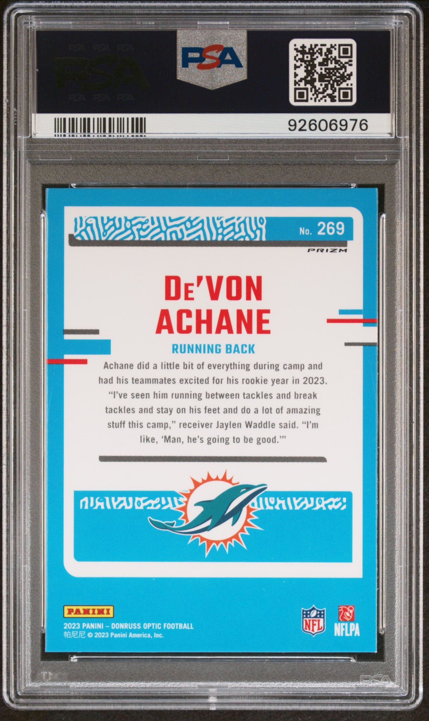 2023 Panini Donruss Optic De'von Achane #269 Purple Shock PSA 9