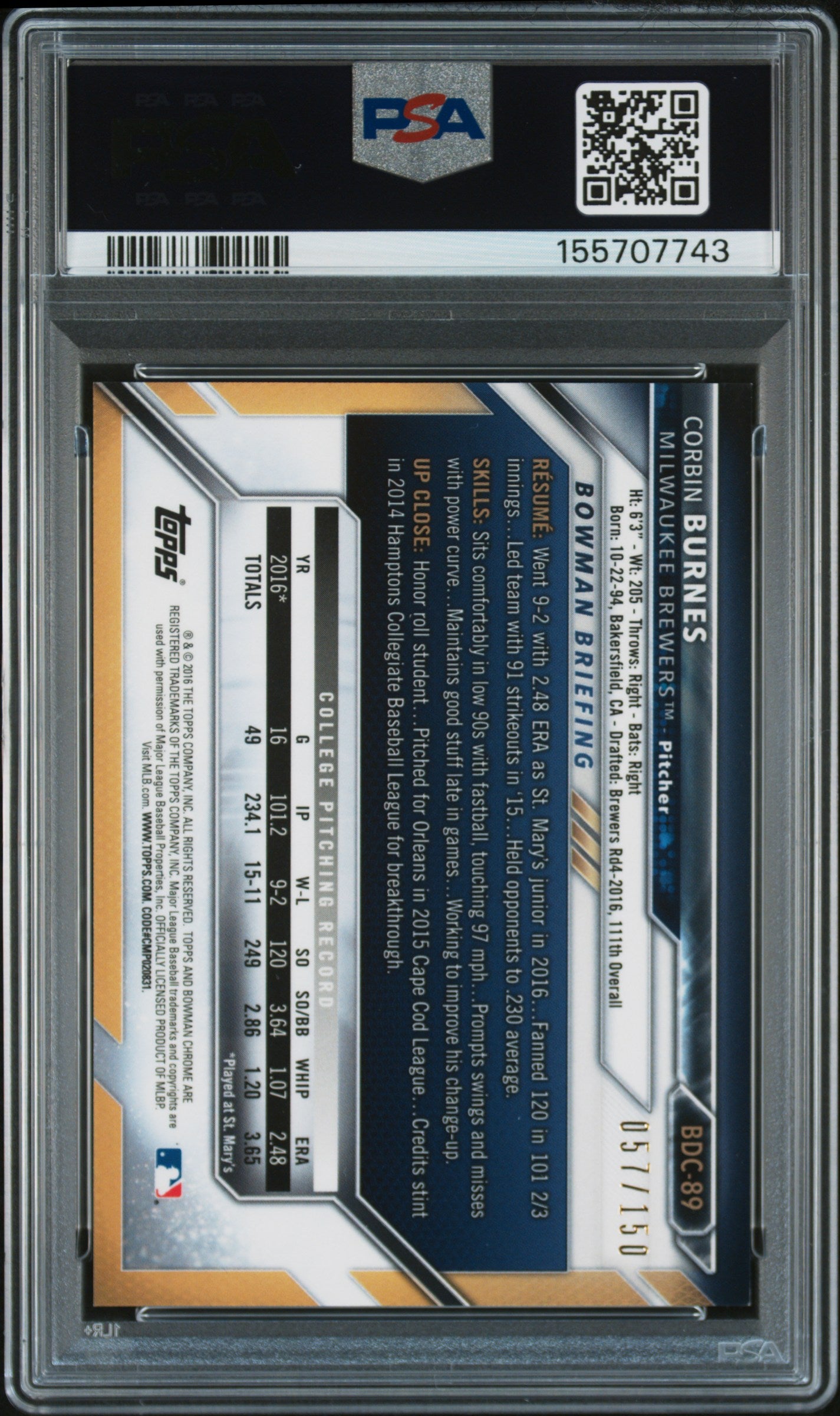 2016 Bowman Draft Corbin Burnes #BDC89 Chrome Blue Refractor /150 PSA 9