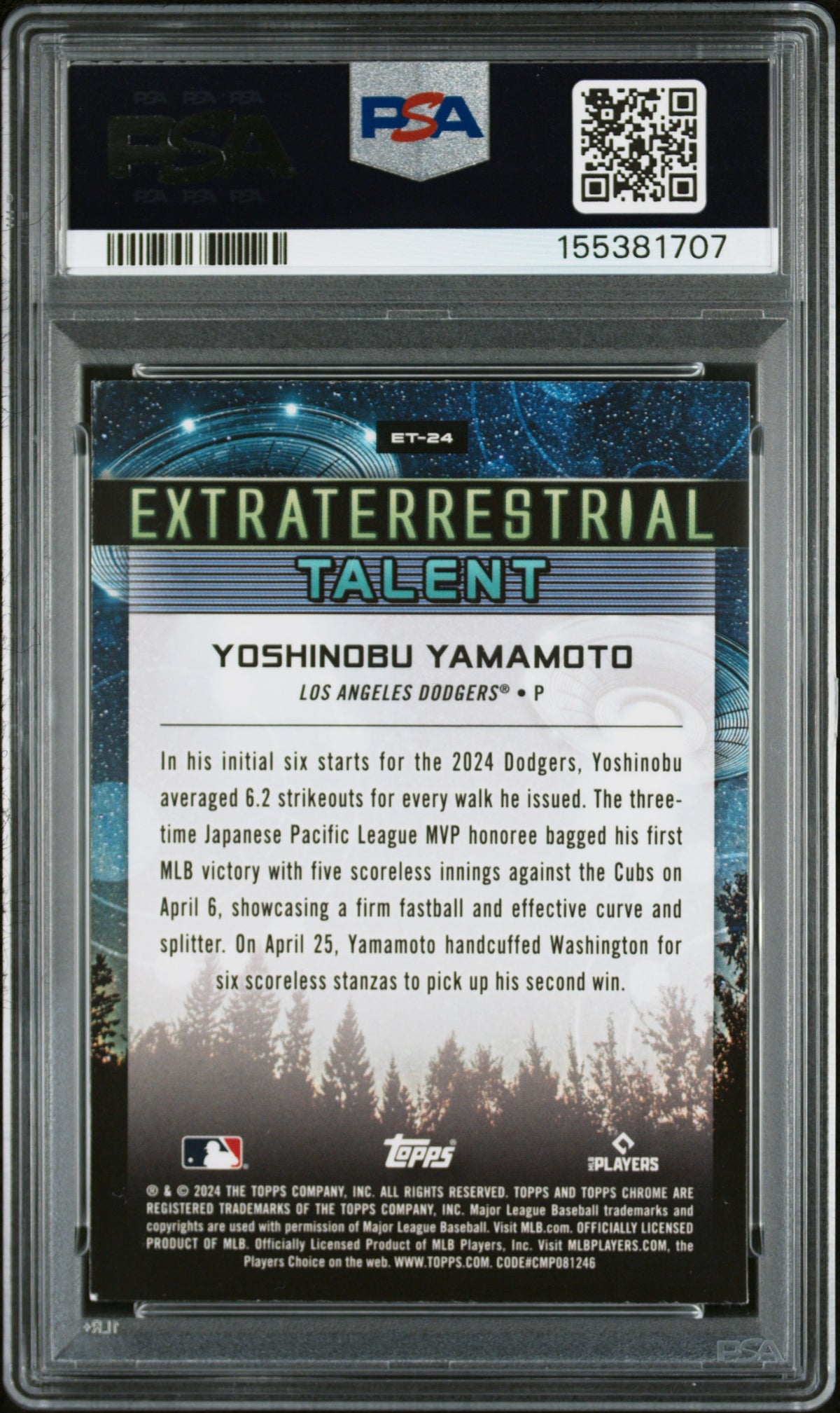 2024 Topps Cosmic Chrome Extraterrestrial Talent Yoshinobu Yamamoto #ET24 PSA 9