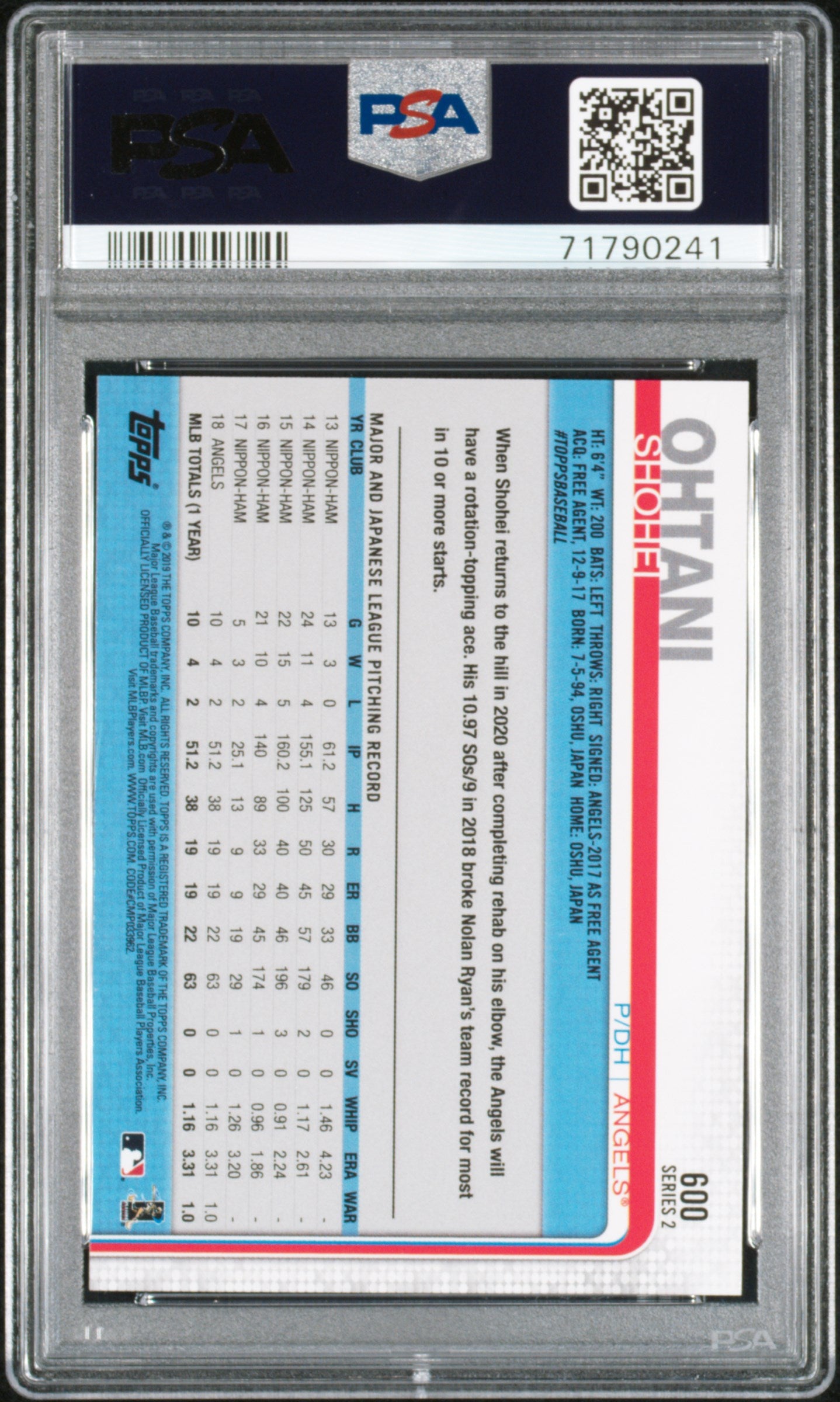 2019 Topps Shohei Ohtani #600 PSA 10