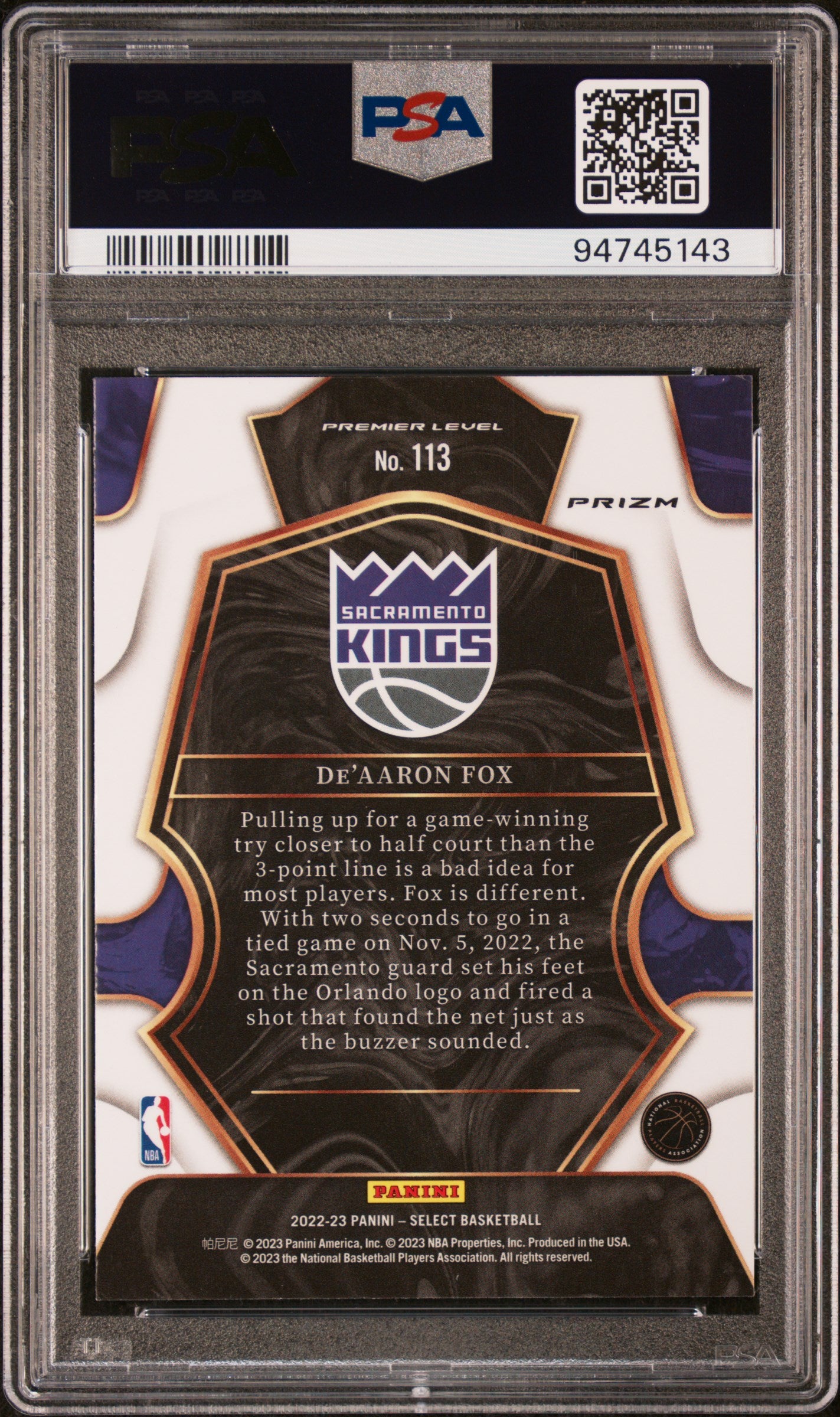 2022 Panini Select De’Aaron Fox #113 Blue Cracked Ice PSA 10