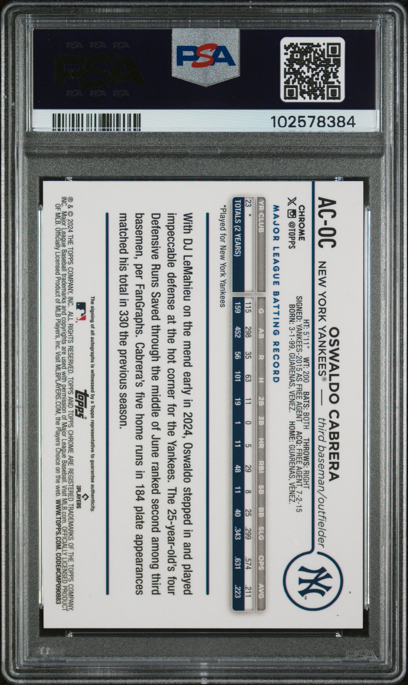 2024 Topps Chrome Update Auto Oswaldo Cabrera #ACOC Blue Refractor /150 PSA 9