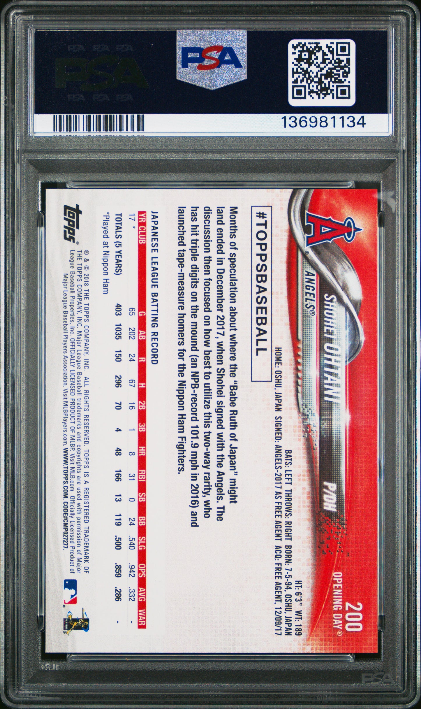 2018 Topps Opening Day Shohei Ohtani #200 PSA 9