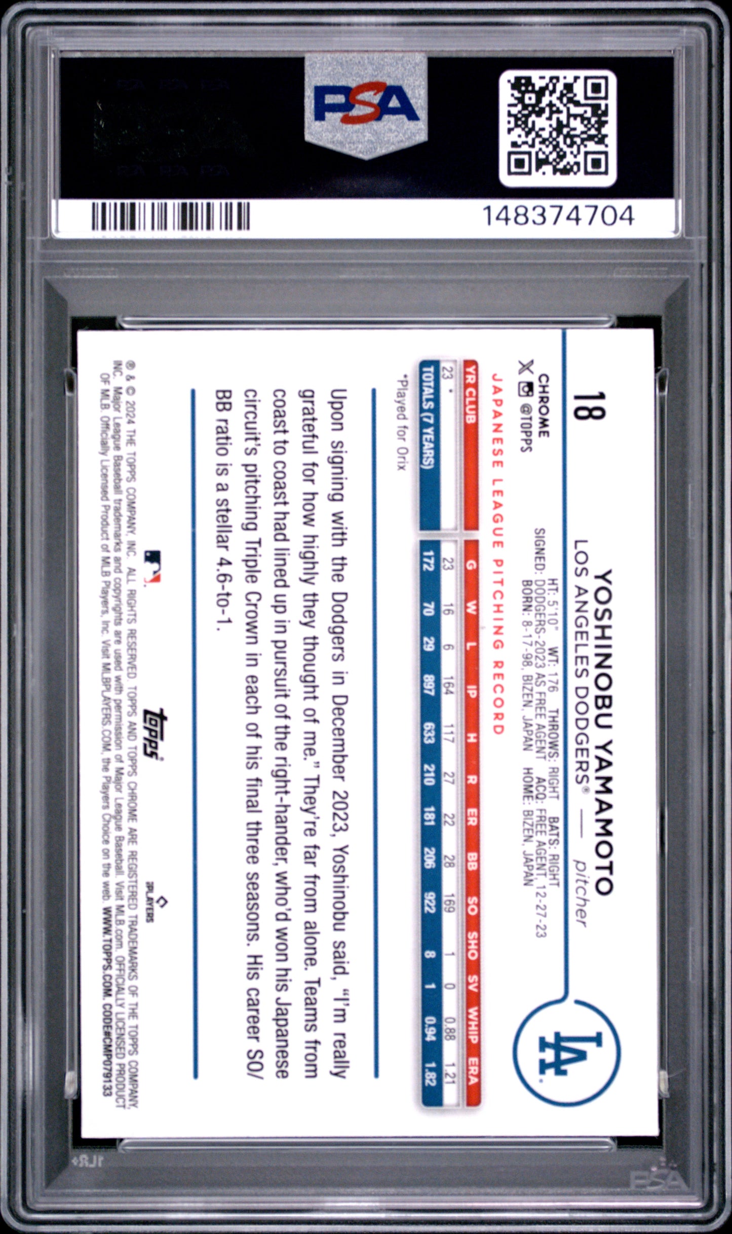 2024 Topps Chrome Logofractor Edition Yoshinobu Yamamoto #18 PSA 9