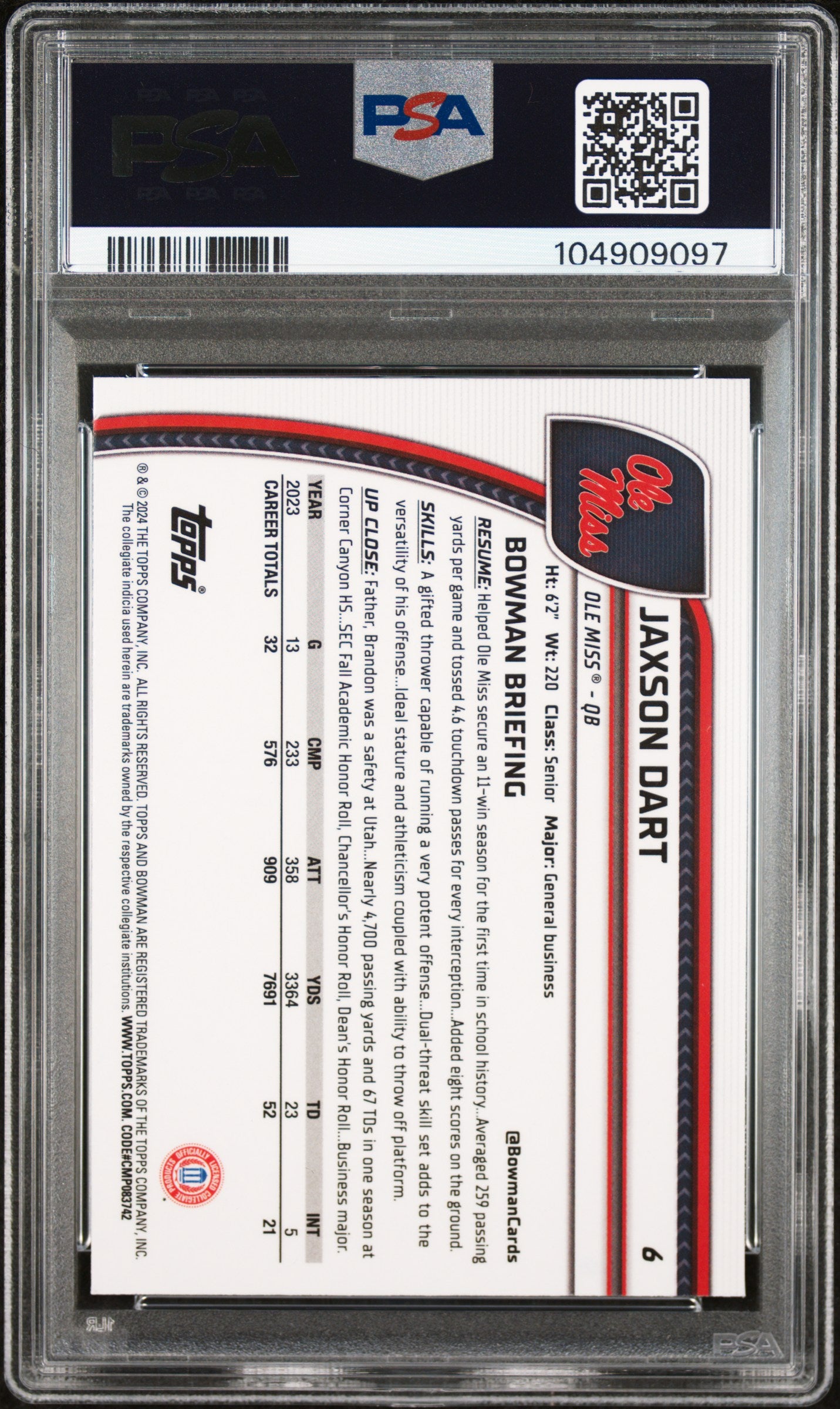 2024 Bowman University Chrome Jaxson Dart #6 PSA 9