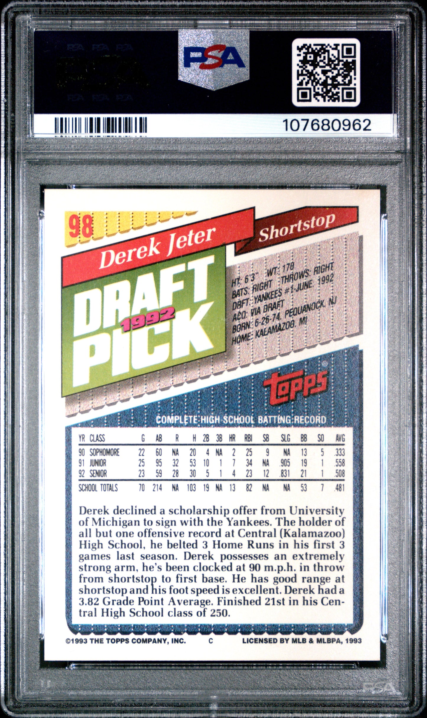 1993 Topps Gold Derek Jeter #98 PSA 9