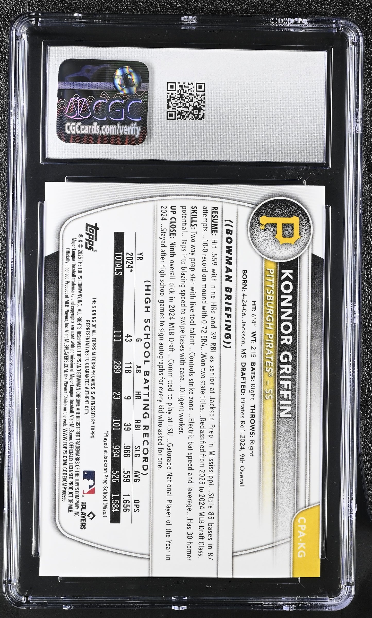 2025 Konnor Griffin #CPA-KG Blue /150 Chrome Prospects Autographs CGC 10 Auto 10