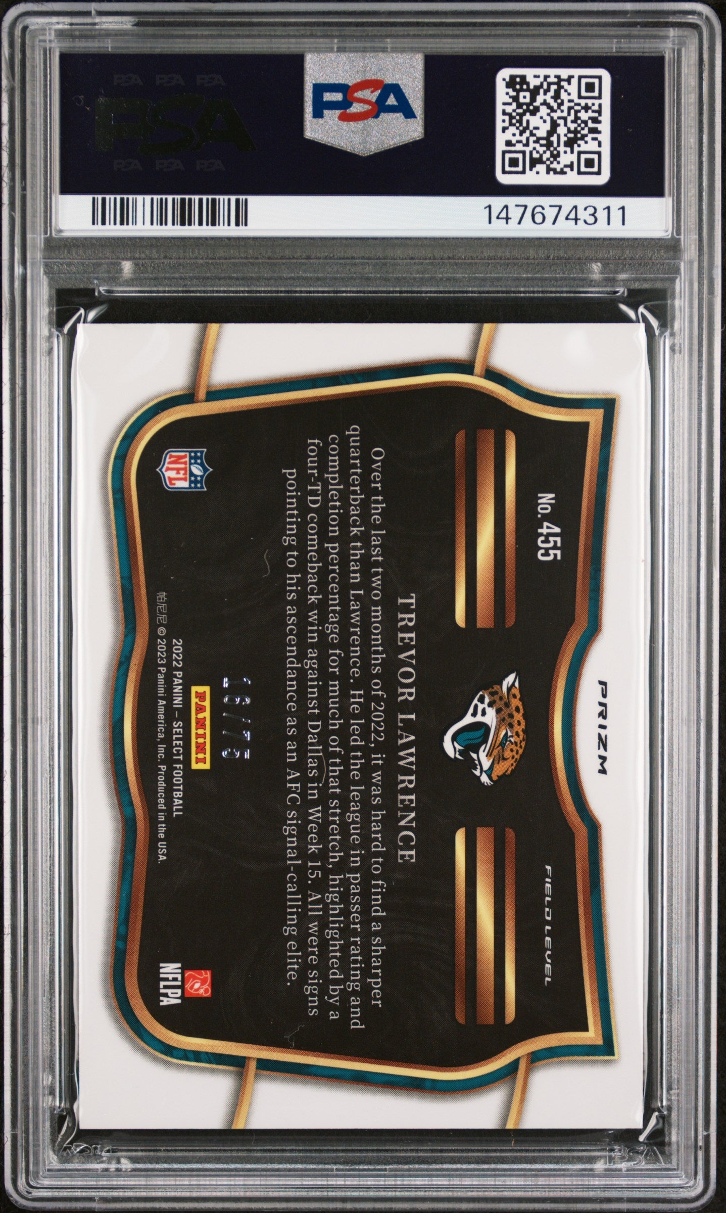 2022 Panini Select Trevor Lawrence #455 Tri Color Prizm PSA 8