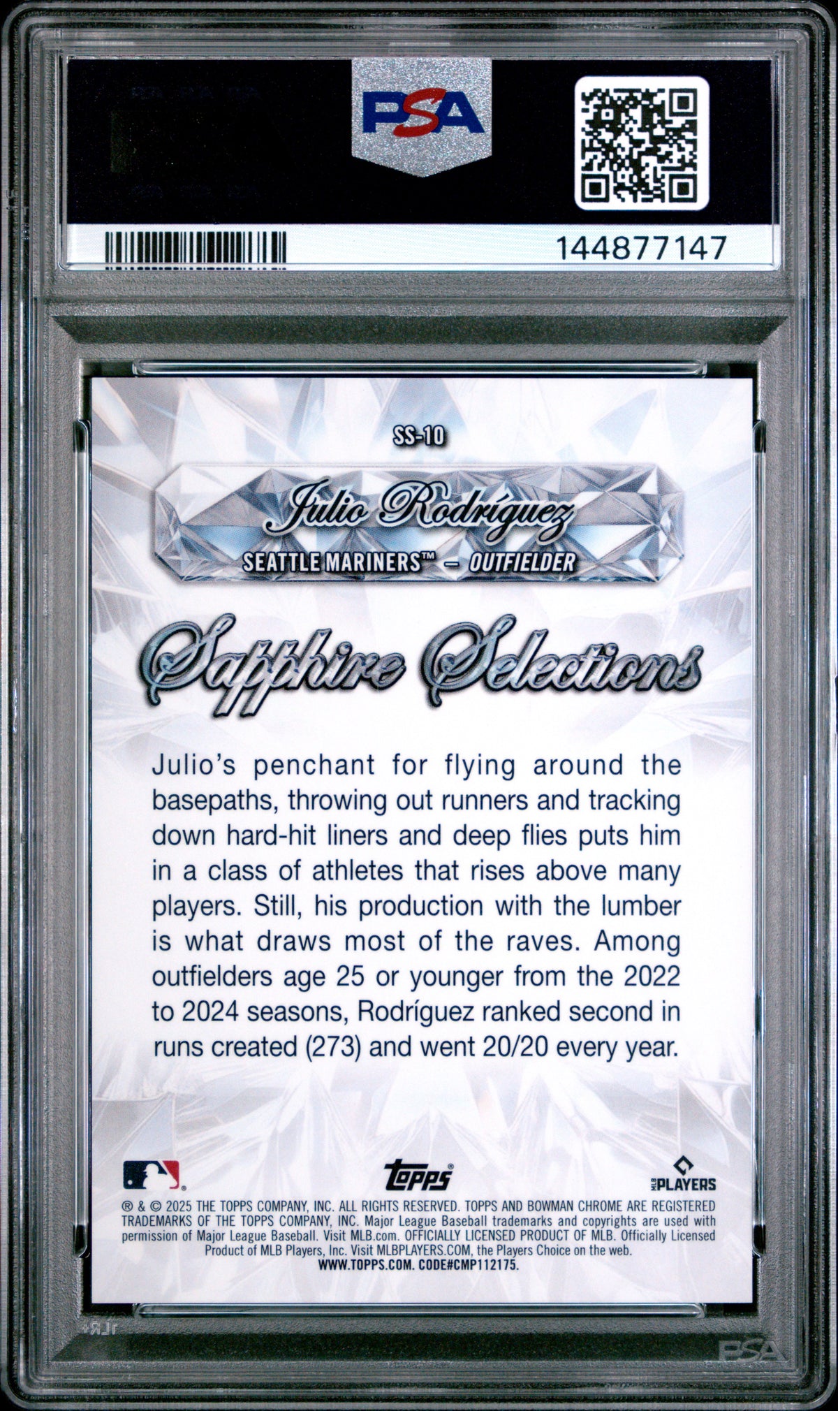2025 Bowman Chrome Sapphire Selections Julio Rodriguez #10 Org Ref /25 PSA 10