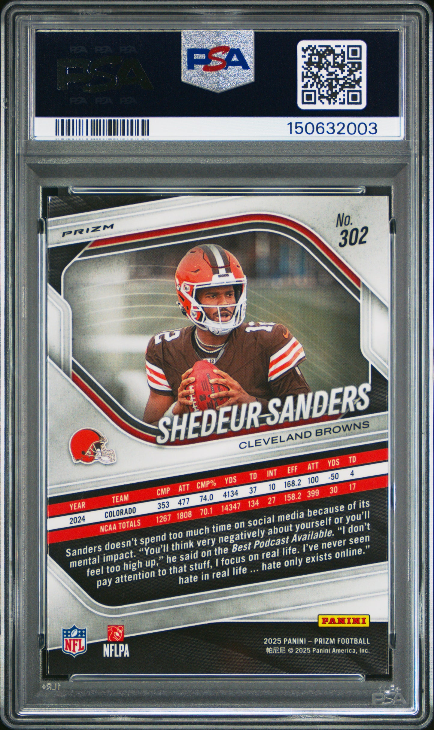 2025 Panini Prizm Shedeur Sanders #302 Lazer PSA 9
