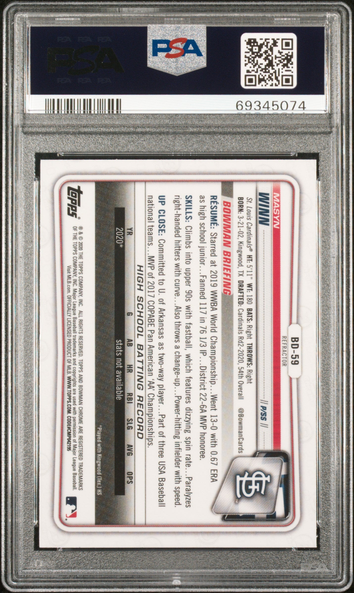2020 Bowman Draft Masyn Winn #BD59 Chrome Refractor PSA 10