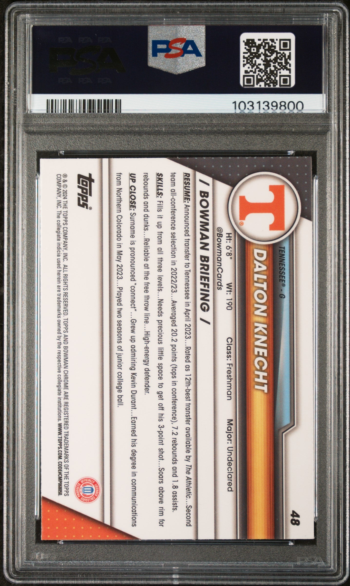 2023 Bowman University Chrome Dalton Knecht #48 Pink Refractor PSA 9