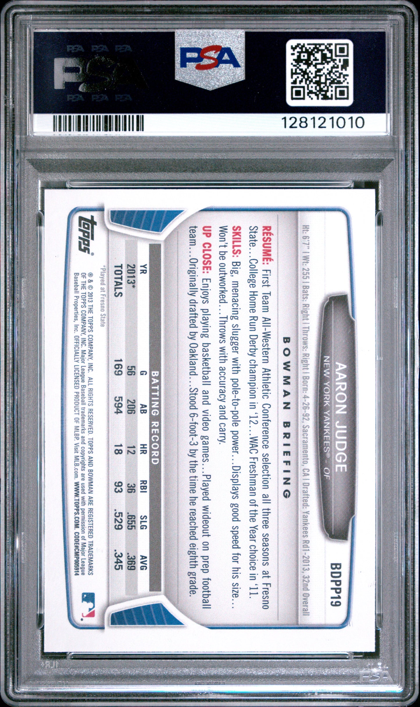 2013 Bowman Draft Picks & Prospects Aaron Judge #BDPP19 PSA 9