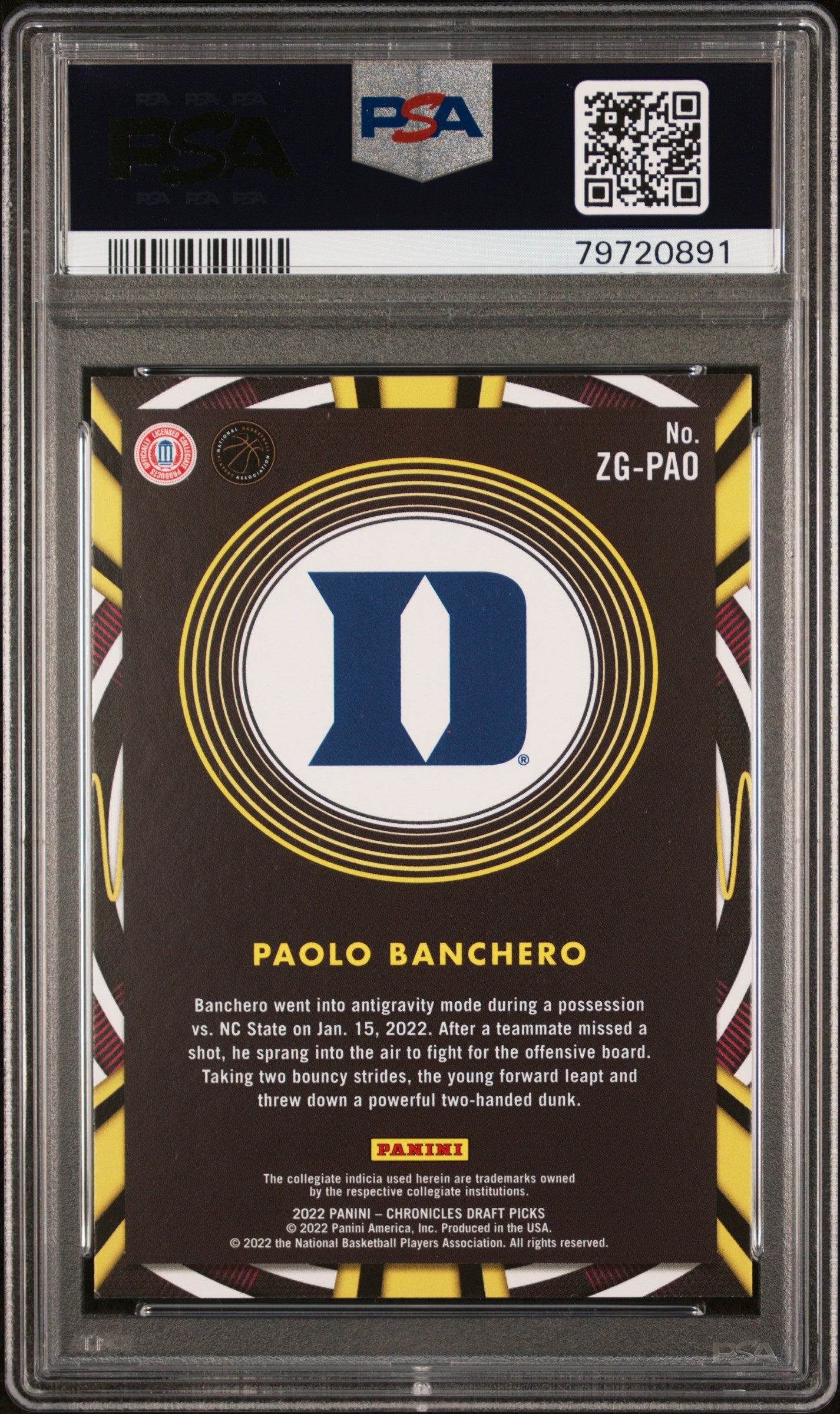 2022 Panini Chronicles Draft Picks Gamma Rays Paolo Banchero #ZGPAO PSA 9