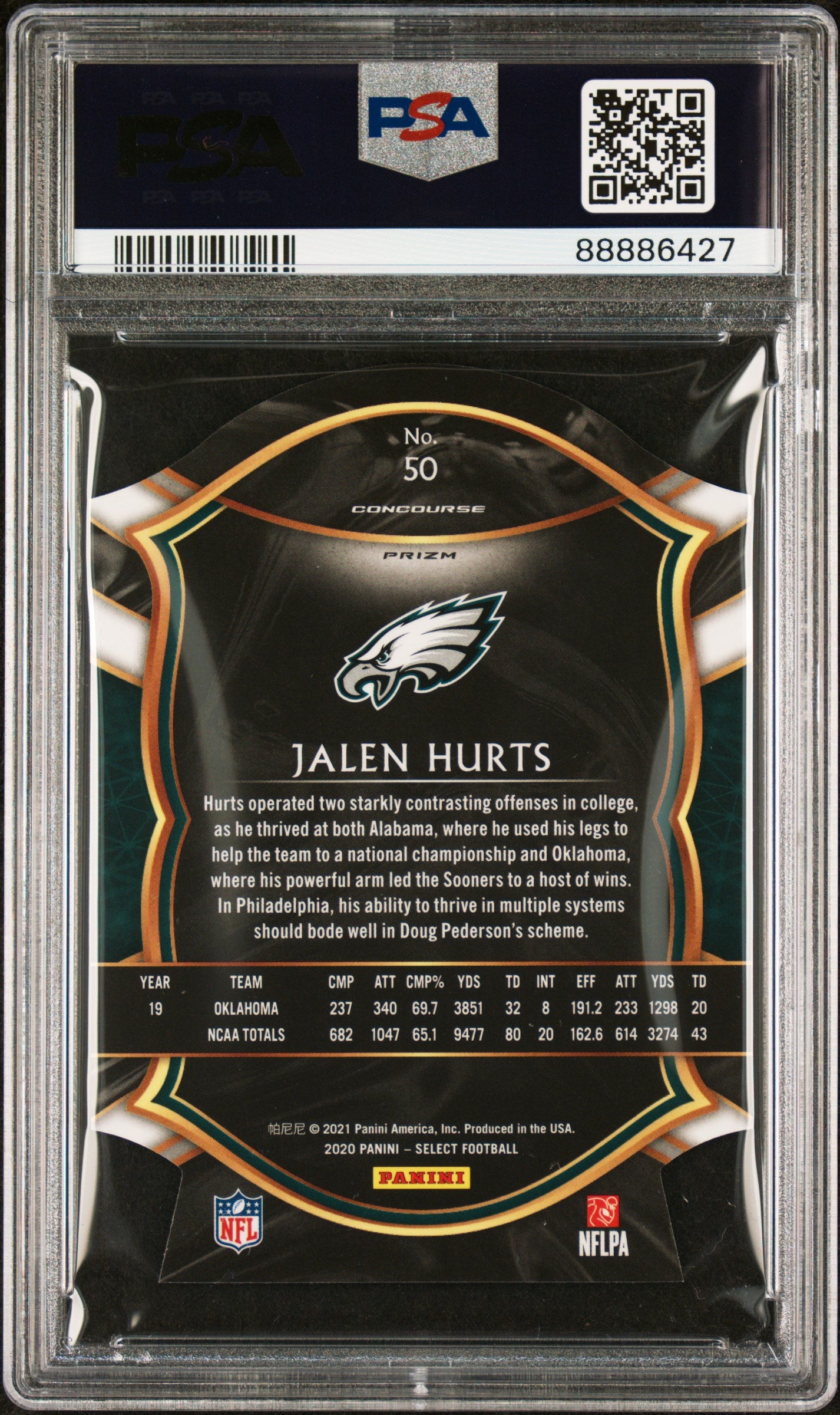 2020 Panini Select Jalen Hurts #50 Die Cut Purple Prizm PSA 10