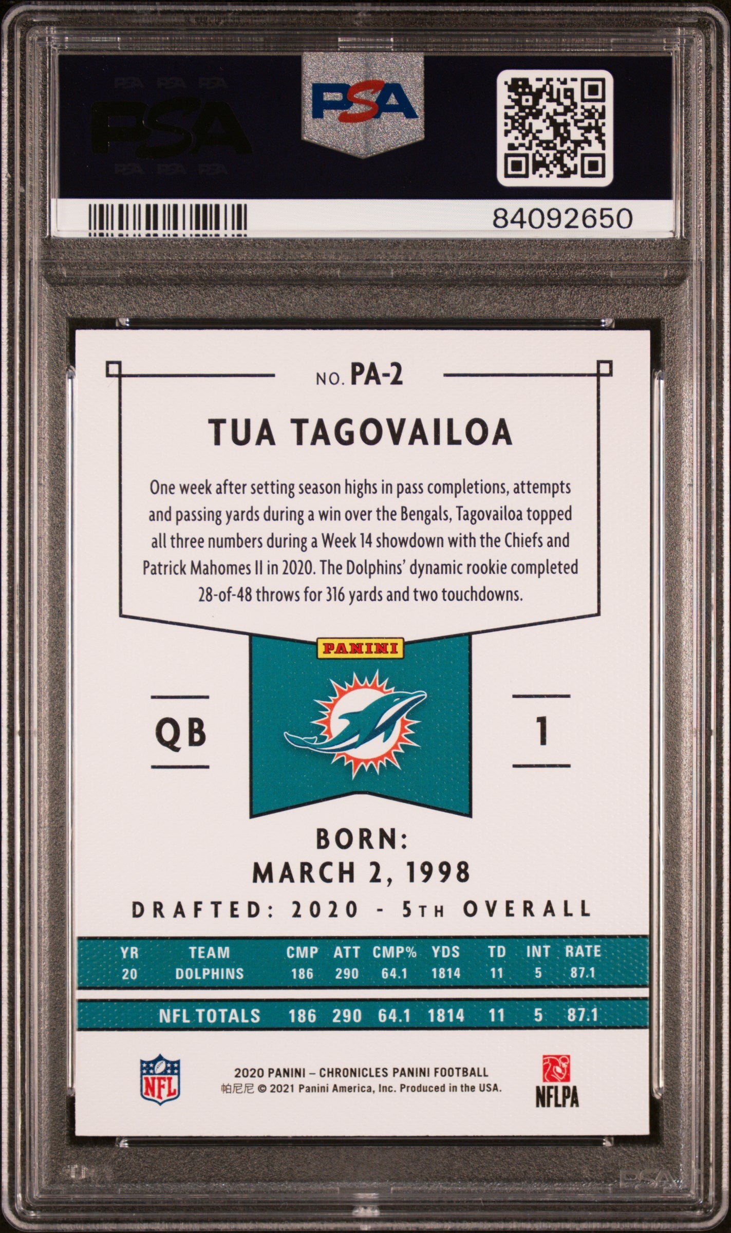 2020 Panini Chronicles Panini Tua Tagovailoa #PA2 PSA 9