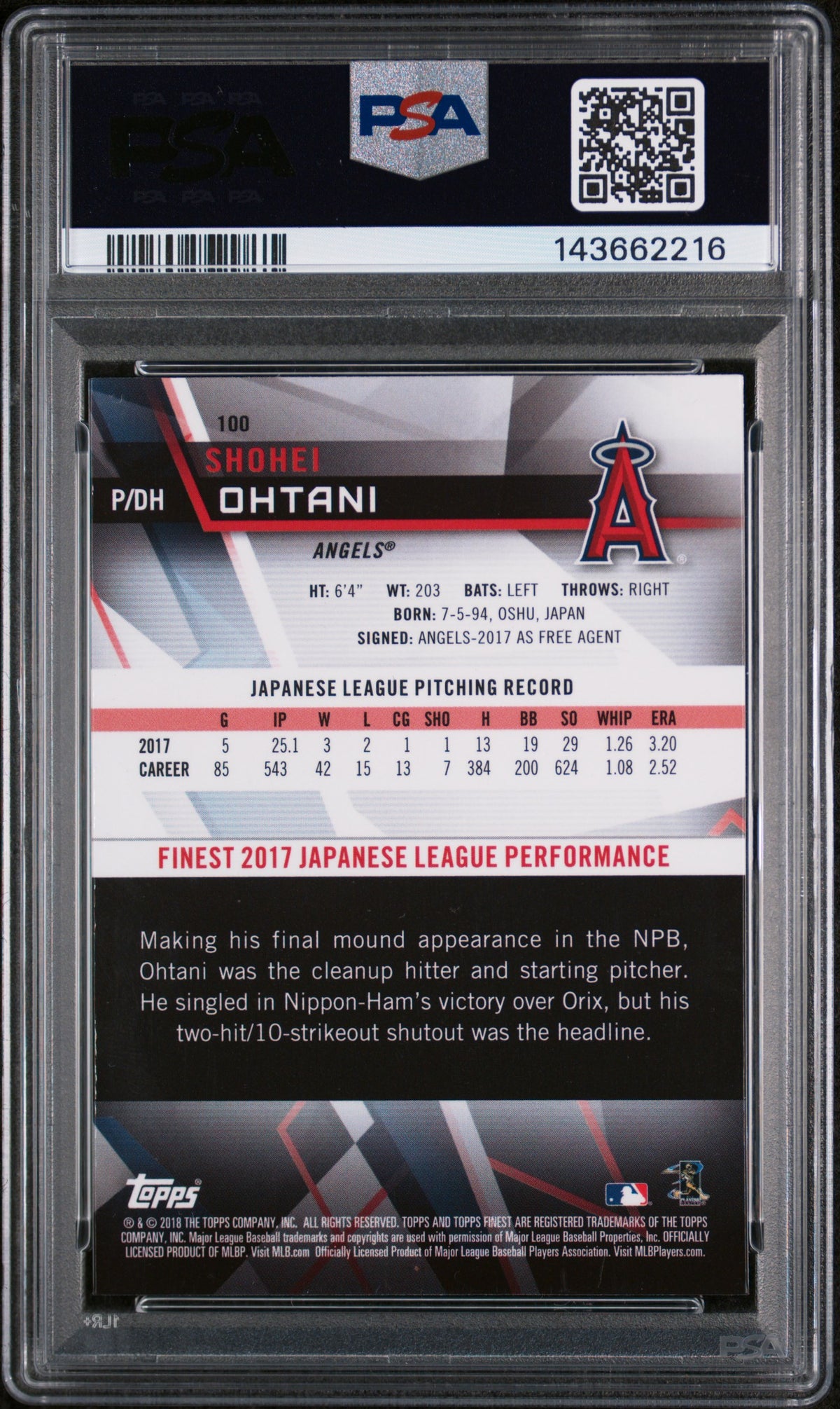 2018 Finest Shohei Ohtani #100 PSA 9